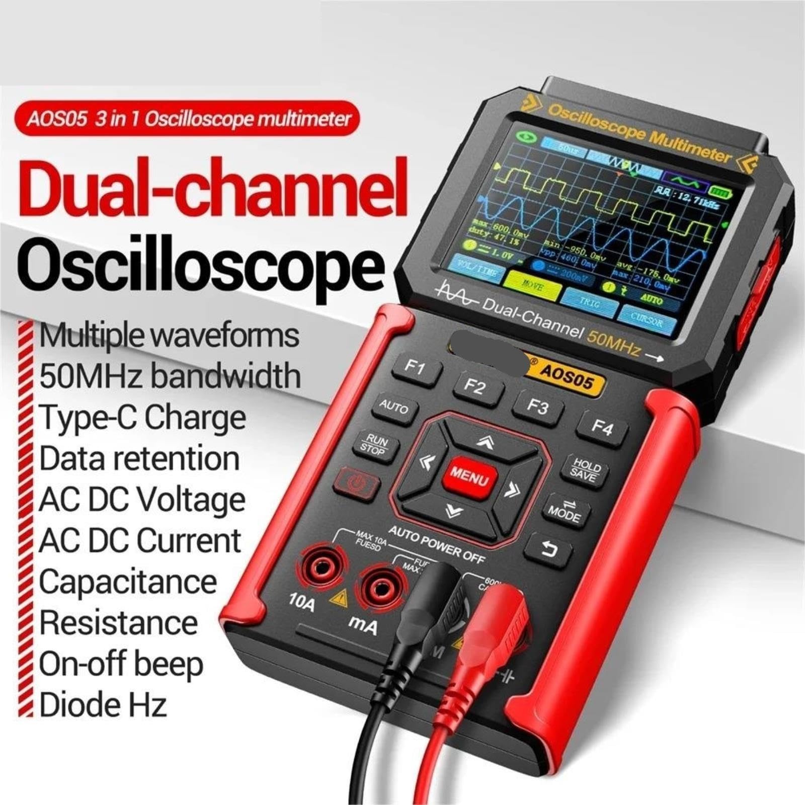 Osciloscopios, AOS05 Osciloscopio de doble canal 3 en 1 50MHz 200MSa/s Generador señal multímetro 25000 cuentas
