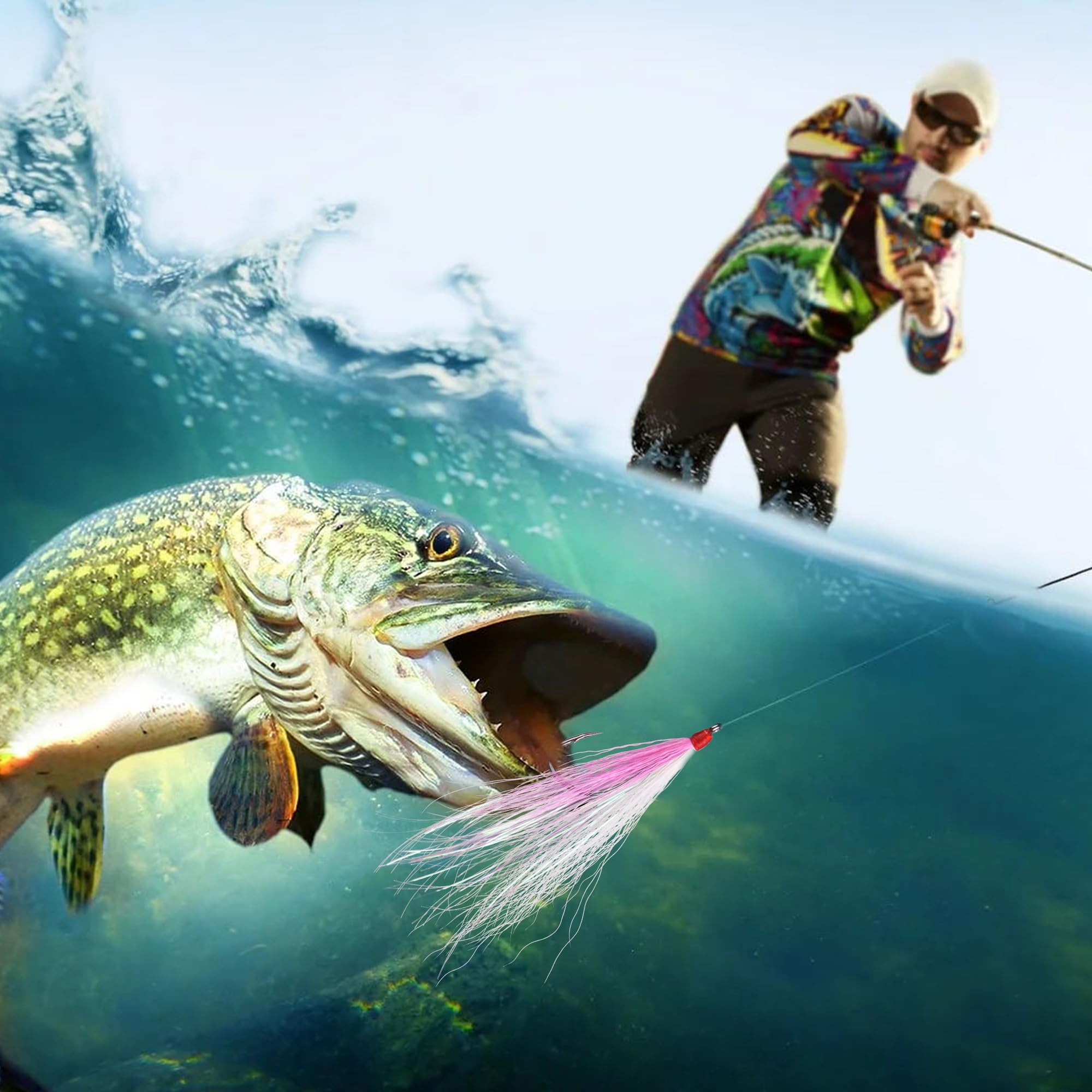 10 Stück Bucktail Teaser mit Angelhaken, 5 Farben, Angelköder, Bucktail Crastal Mylar, Blitzröcke für Salmom Forelle