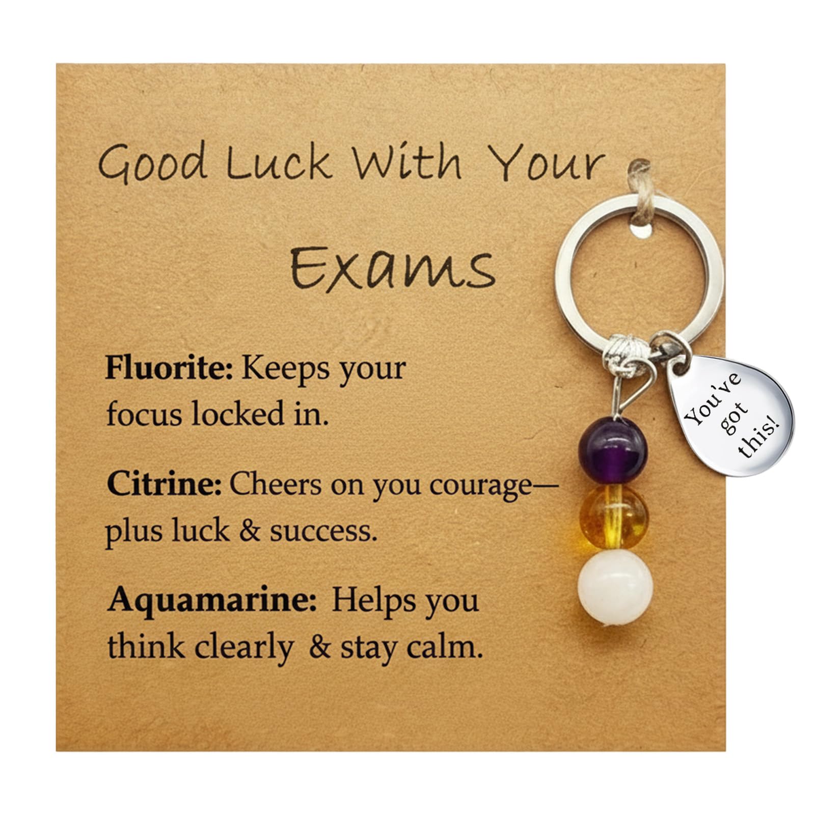 Aikobaa Unisex Brown Exam Success Crystal Gift Set, Good Luck Keychain With Blessing Card, Student Revision & Test Taking Present, Focus Courage Calmness Gift For Exams