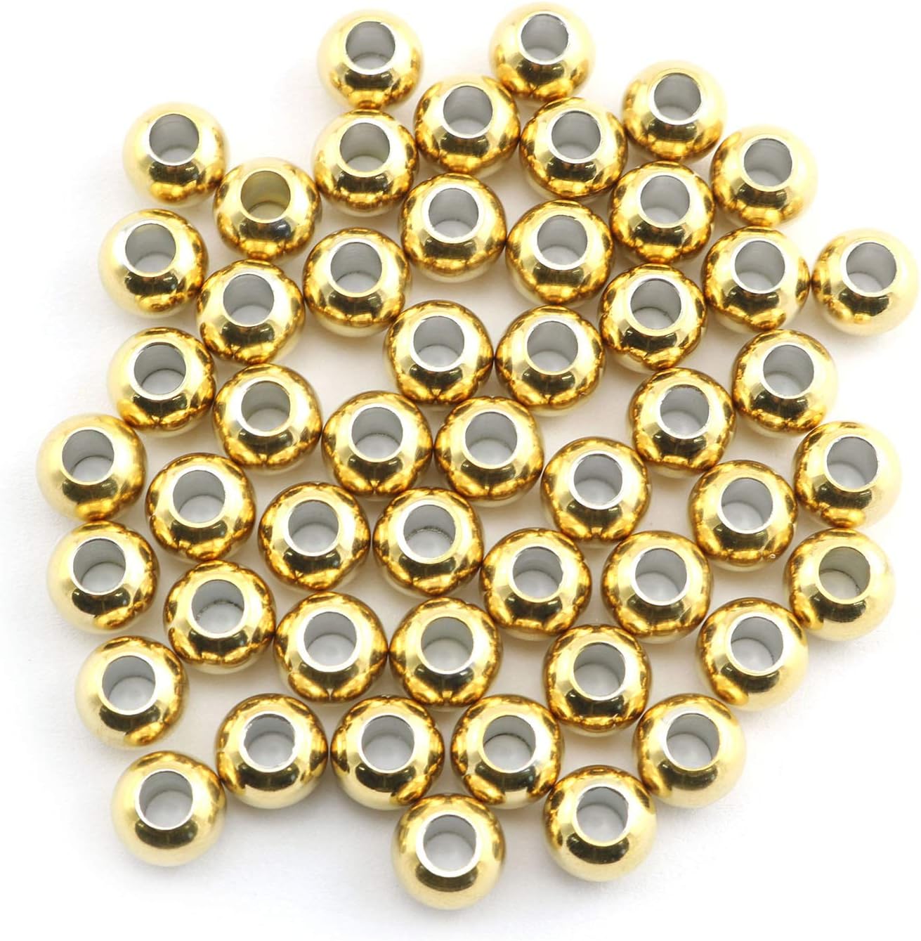 RuiLing 50-Pack 304 Stainless Steel Smooth Round Spacer Beads 3mm Hole,Seamless Loose Beads for Jewelry Making Findings DIY Crafts Accessories 8mm(Gold) GOLD 8x3