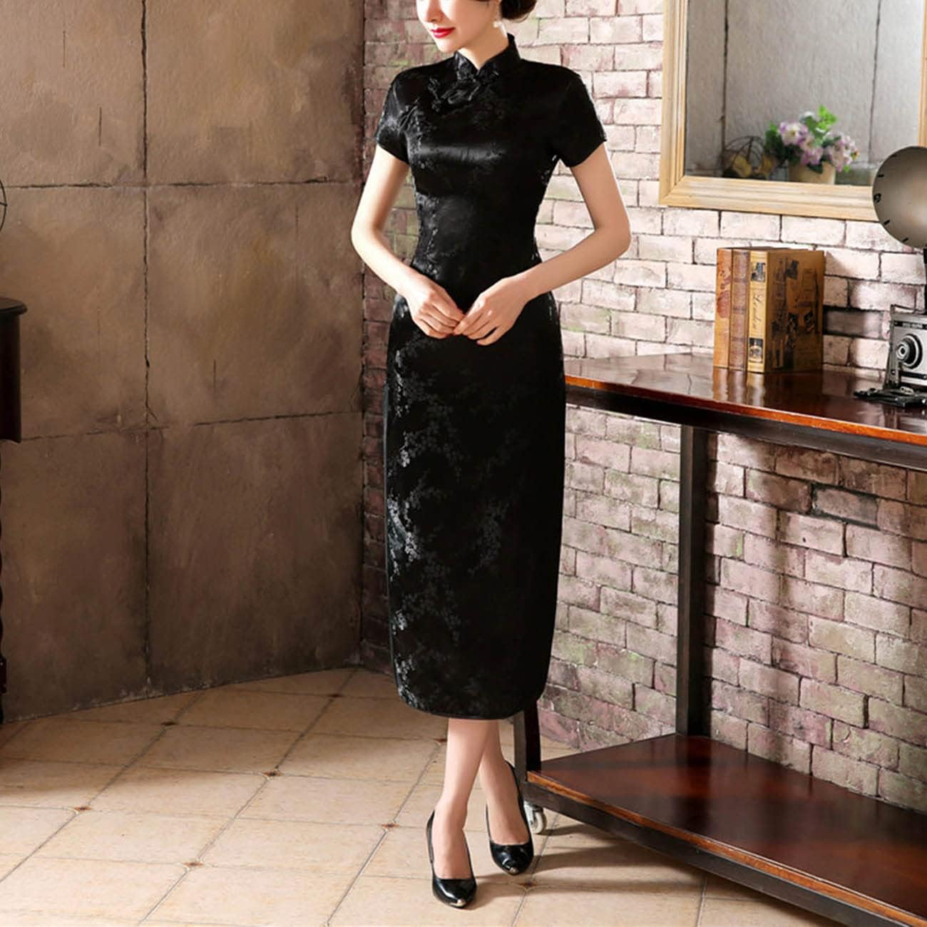 Vintage Short Sleeve Maxi Cheongsam Print High Slit Side Traditional Chinese New Year Party Bodycon Costume