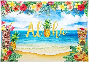 84x60inch Aloha Backdrop Luau Hawaiian Party Decorations Tropical Beach Leis Photo Booth Summer Birthday Banner Supplies Tiki Themed Photography Background for Adults Couple Kids