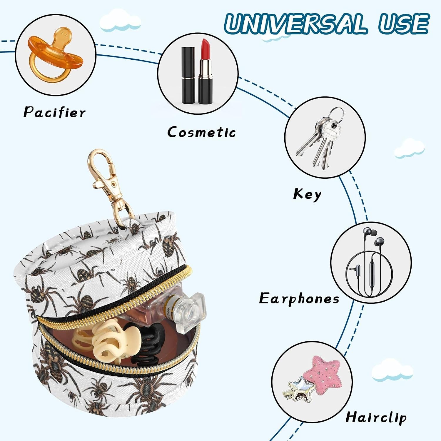 Spider Cartoon White Background Baby Pacifier Holder Case with Clip Portable Pacifier Storage Organizer Round Container Pouch Box Fits Diaper Bag Stroller Purse image 5