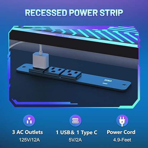 Miniatura 6 de Escritorio para juegos en forma de L de 63 pulgadas con toma de corriente y luces LED, escritorio reversible en forma de L con 3 cajones para