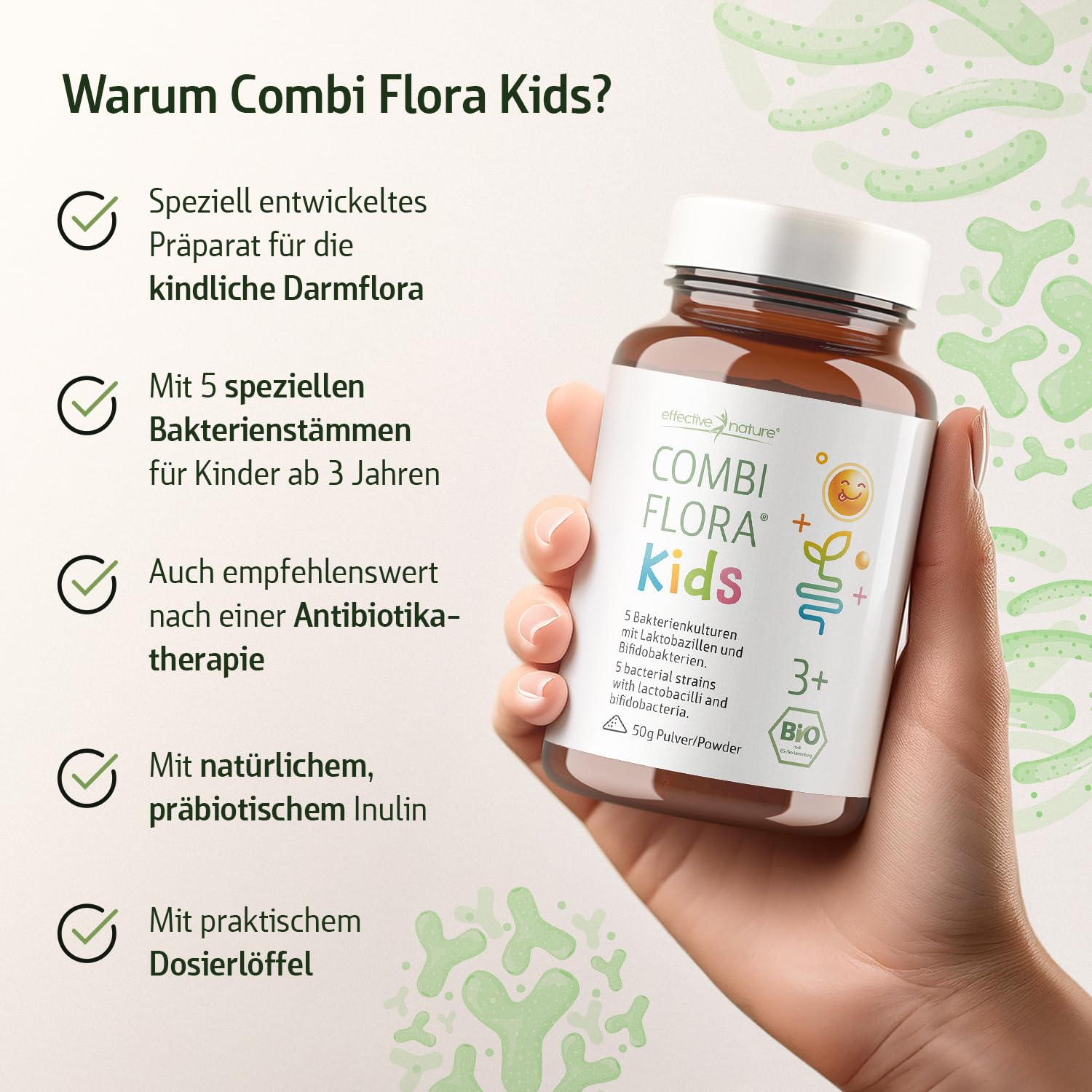 Combi Flora Kids Bio - 50 g - Mit Bifidobacterium & Lactobacillus für Kinder - Pulver mit Dosierlöffel - Mit 5 Bakterienstämmen für Kinder ab 3 Jahren