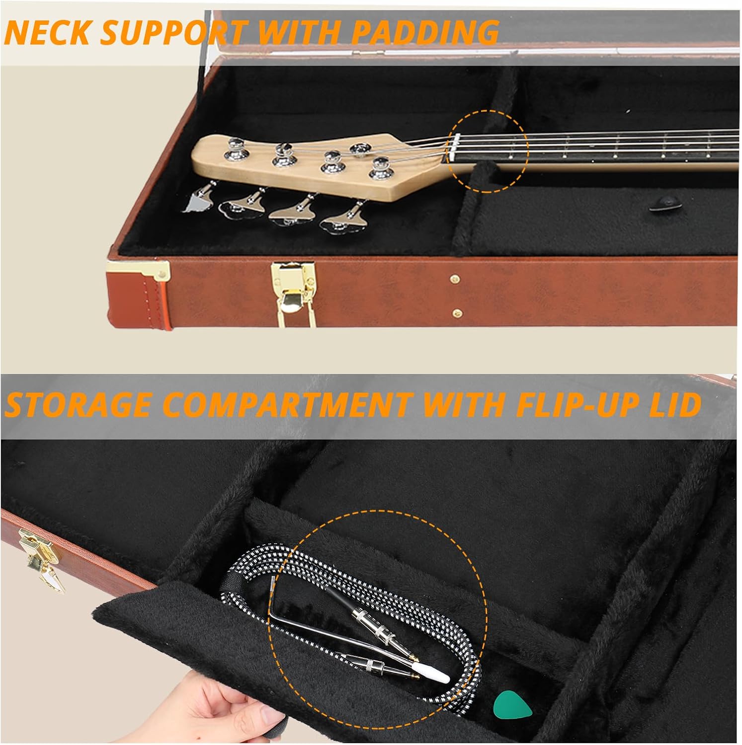 Ktaxon Bass Guitar Hard Case, Wooden Hard-Shell Protective 46 inch Electric Bass Guitar Carrying Case with Lock Latch & Soft Padding, Brown
