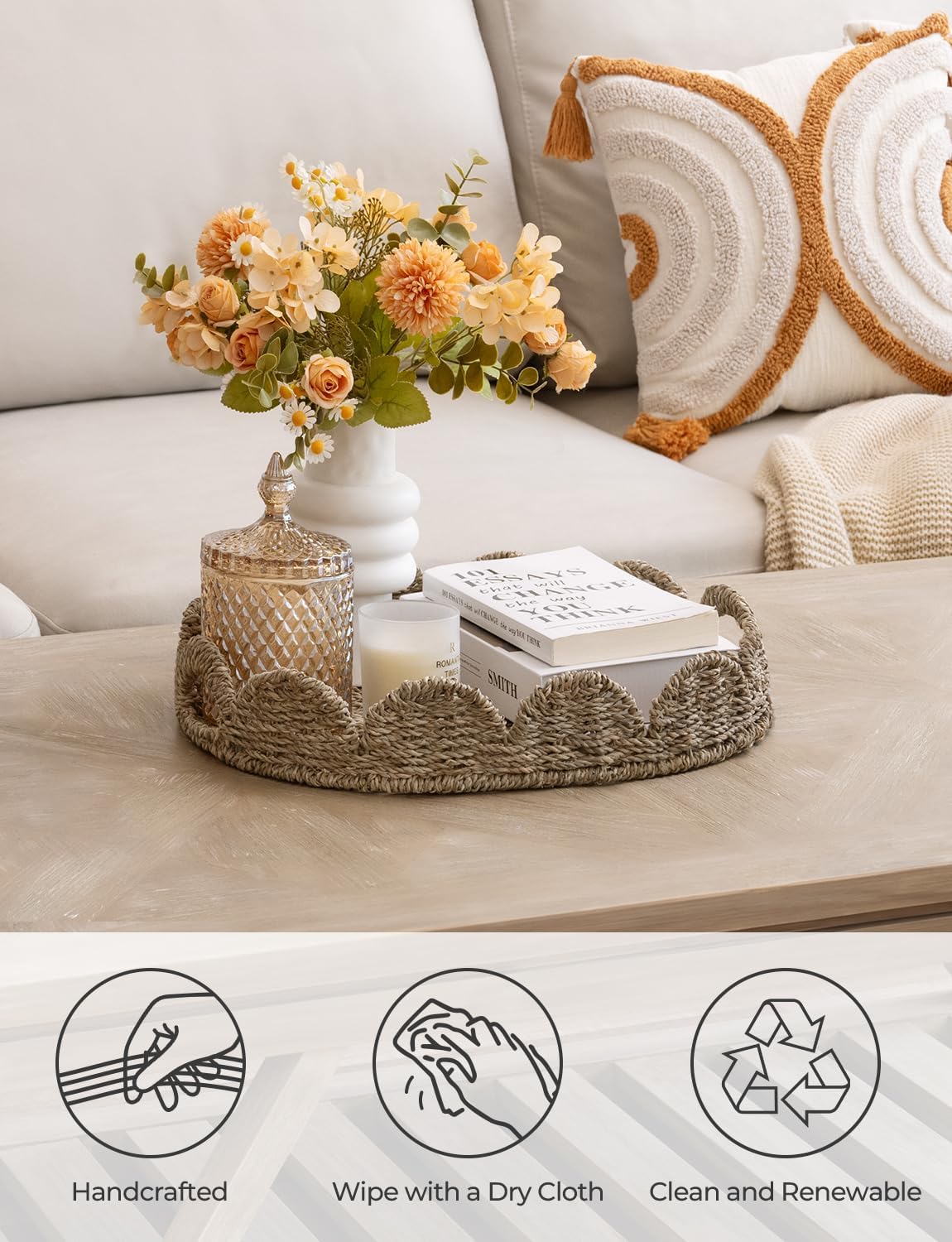 StorageWorks Scalloped Edge Wicker Serving Tray, Woven Rattan Table Trays with Handle, Wicker Tray for Room Décor, Seagrass Tray for Ottoman, Scalloped Organizer Trays - Image 4