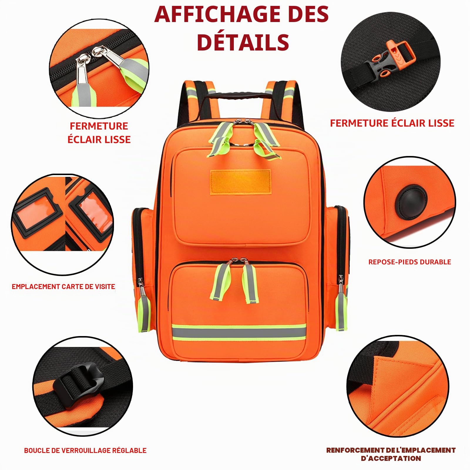 Sac à dos d'urgence pour traumatisme, sac de premiers secours avec réfléchissant, grande capacité, sac à dos médical, pour le camping, le cyclisme, les sorties, la garderie