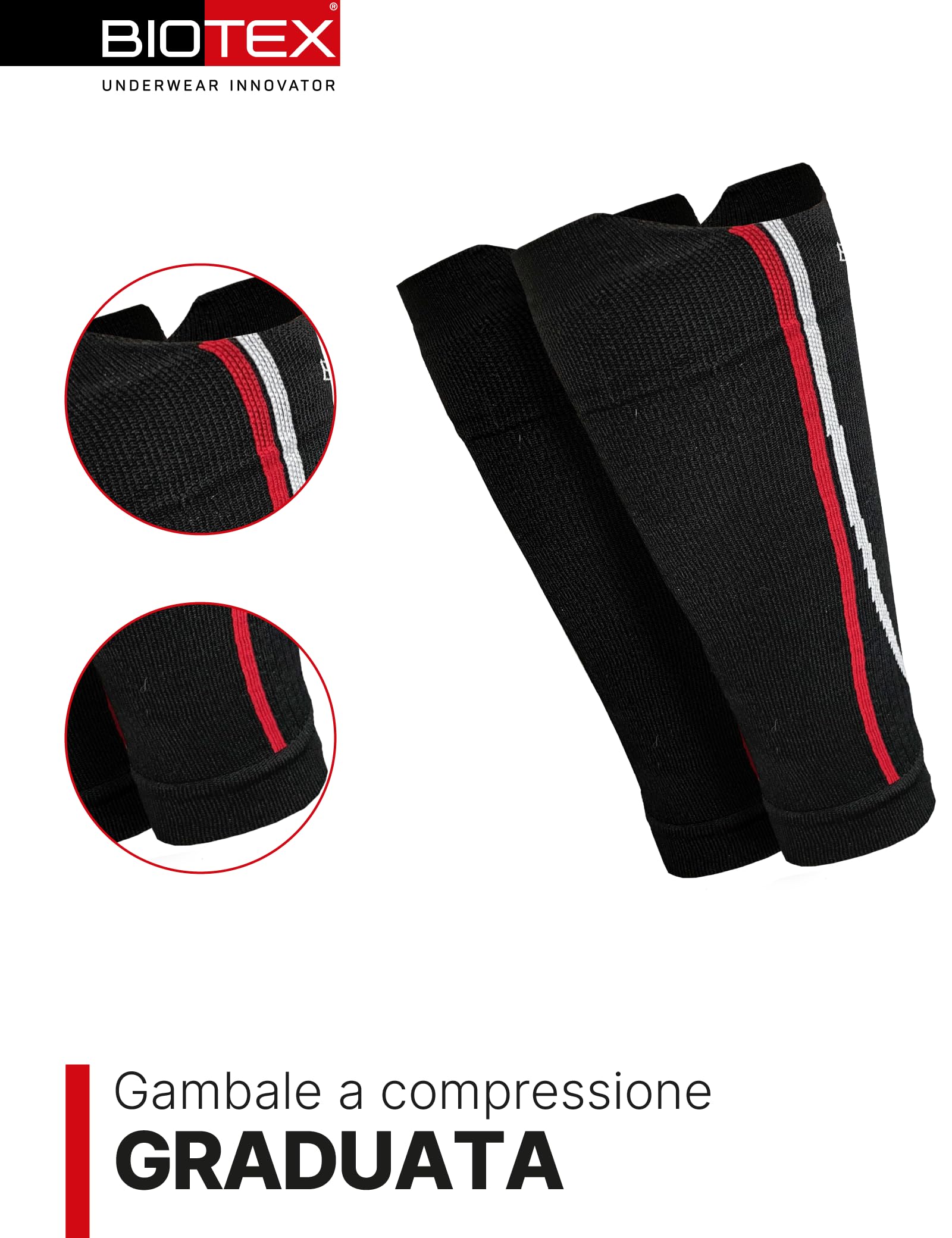 BIOTEX Gambale Booster a Compressione Graduata Pre e Post Attività Sportiva, Fascia per Polpaccio Traspirante, Nero