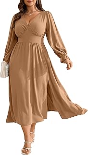 Plus Size Wedding Guest Dress for Women Deep V Neck Long Sleeve High Waist Slit Formal Cocktail Party Fall Maxi Dresses