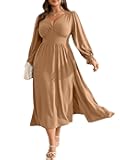 Plus Size Wedding Guest Dress for Women Deep V Neck Long Sleeve High Waist Slit Formal Cocktail Party Fall Maxi Dresses