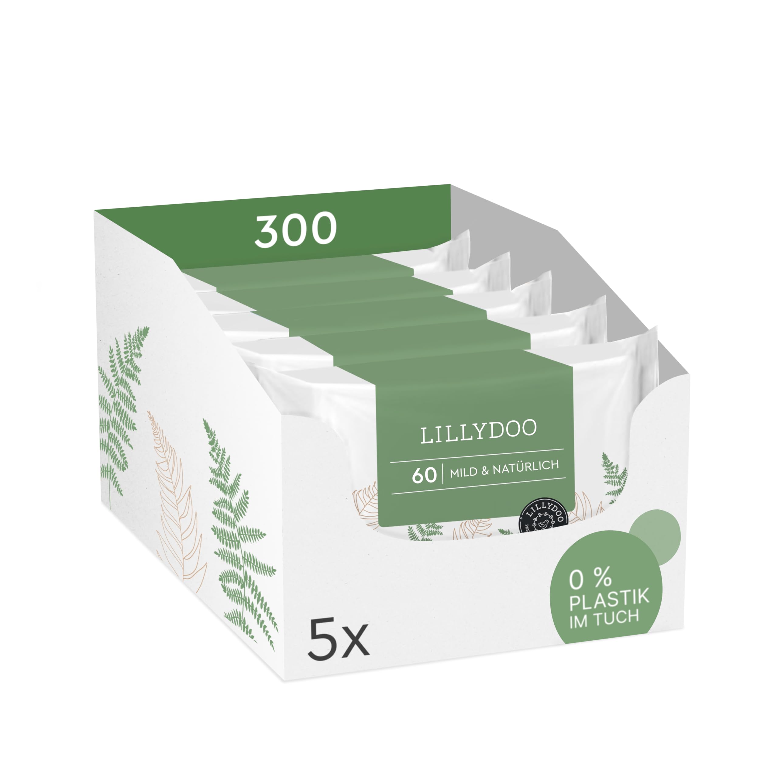 LILLYDOO green Feuchttücher, 300 Stück (5 x 60), 100% plastikfreies, reißfestes Tuch - ohne Parfüme, mild & natürlich, sanft reinigend für empfindliche Haut, Dermatologisch getestet