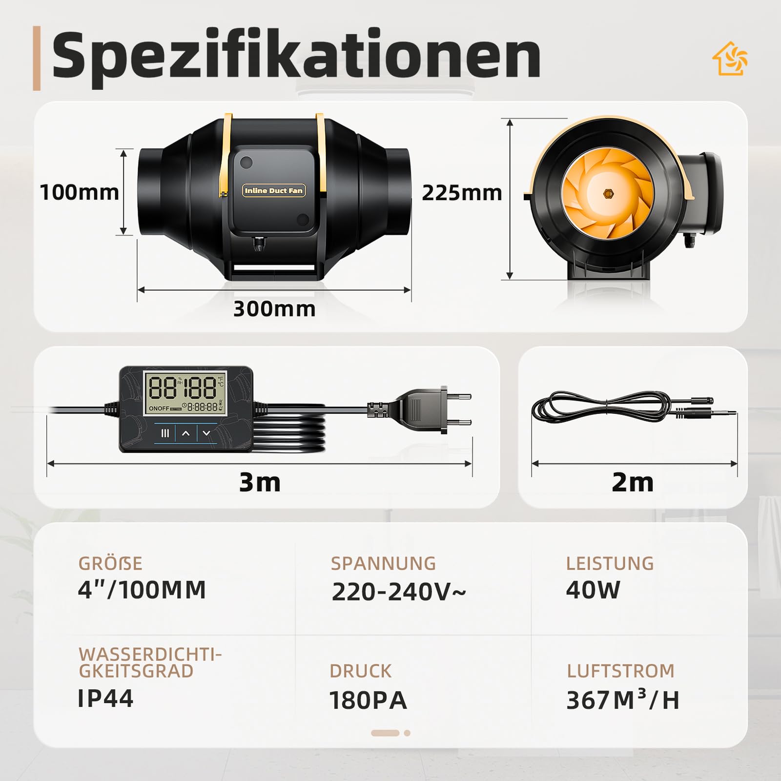 100mm Intelligente Rohrventilator für Badlüfter, Rohrlüfter mit Temperatur und Feuchtigkeitssensor Timer, Heimgebrauch, Belüftung und Abluftgebläse