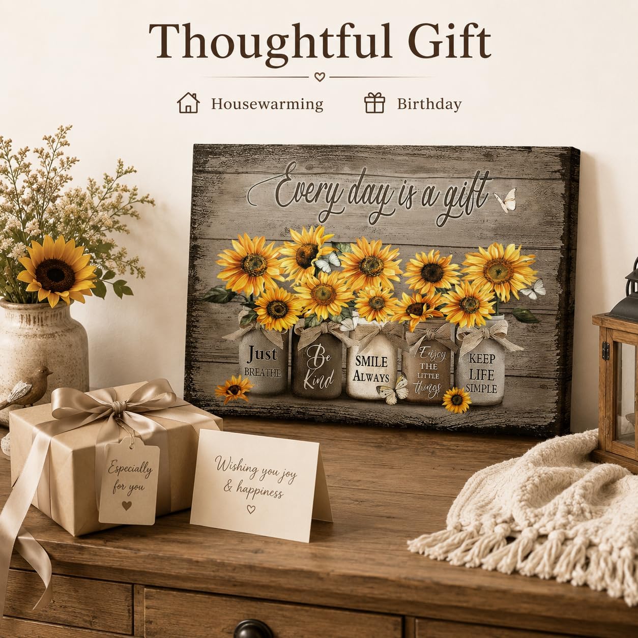 Rustic Sunflower Canvas Wall Art Vintage Flower Painting Picture Wall Decor Farmhouse Floral Inspiring Poster Print Artwork for Bedroom Bathroom Living Room Home Decoration 12inx16in