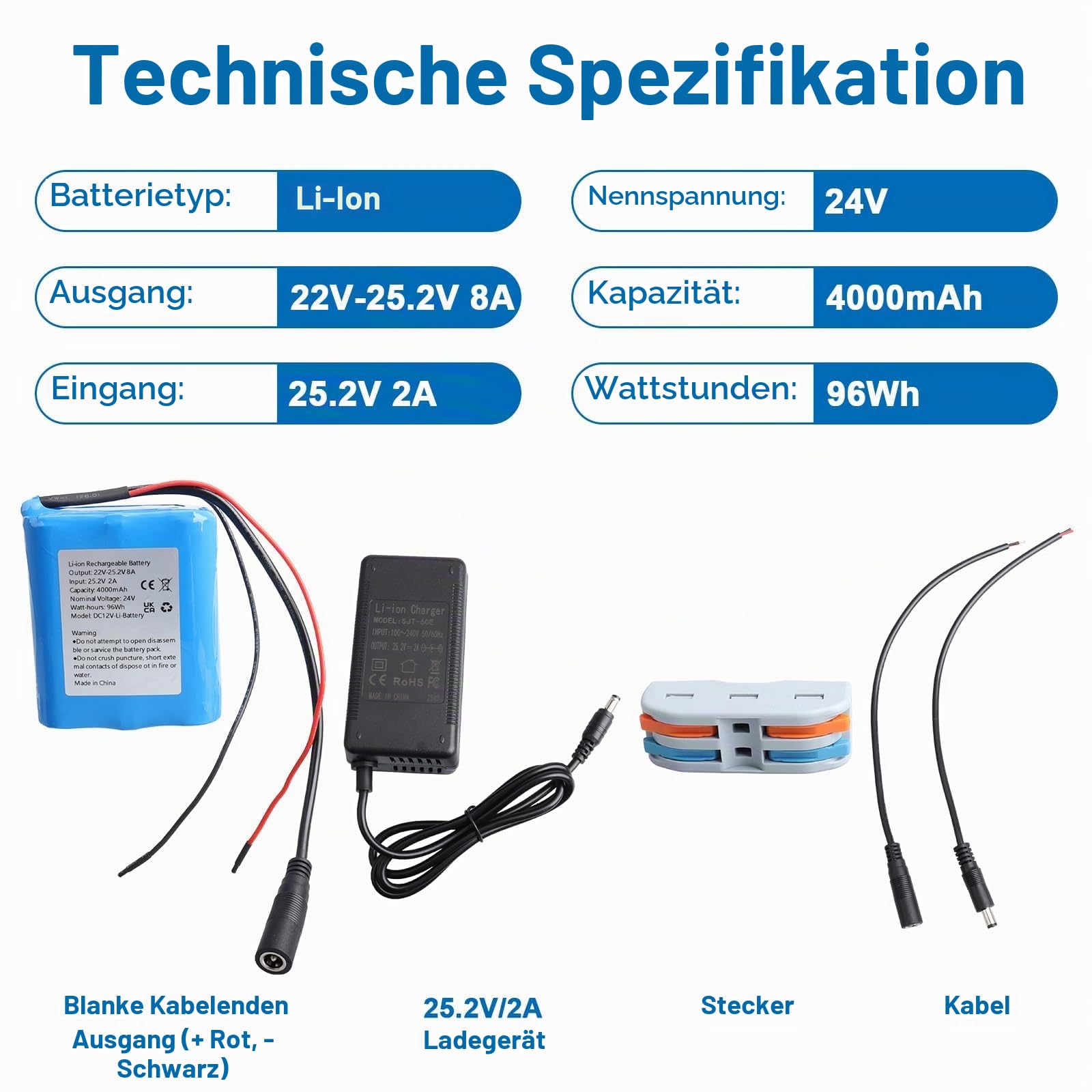 24V 4000mAh Akku mit Ladegerät und Kabelanschluss, geeignet für DIY-Projekte, Solarstraßenlaternen, Überwachungskameras, Lautsprecher, Sprühgeräte, Modelleisenbahnen, Boote und Spielzeugautos