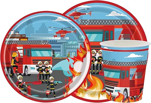 Miniatura 2 de Dulousia Suministros de fiesta de bomberos  Platos de papel desechables para camiones de bomberos, servilletas, vasos, vajilla para niños y niñas,