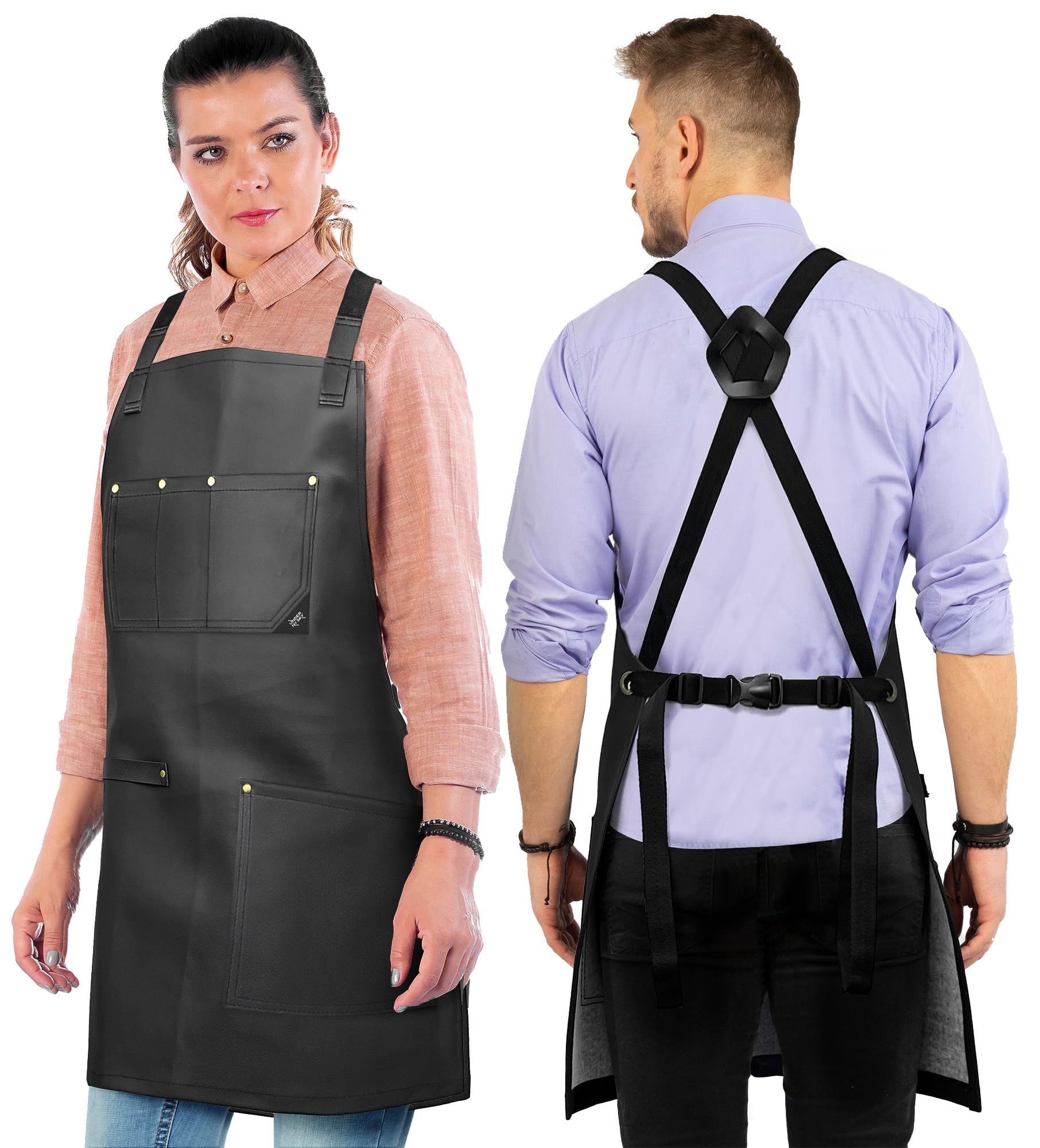Under NY Sky Leather Apron - Cross-back Straps, Riveted, Vegan Leather - For Barbers, Hairstylist, Bartender, Barista, Black, Medium