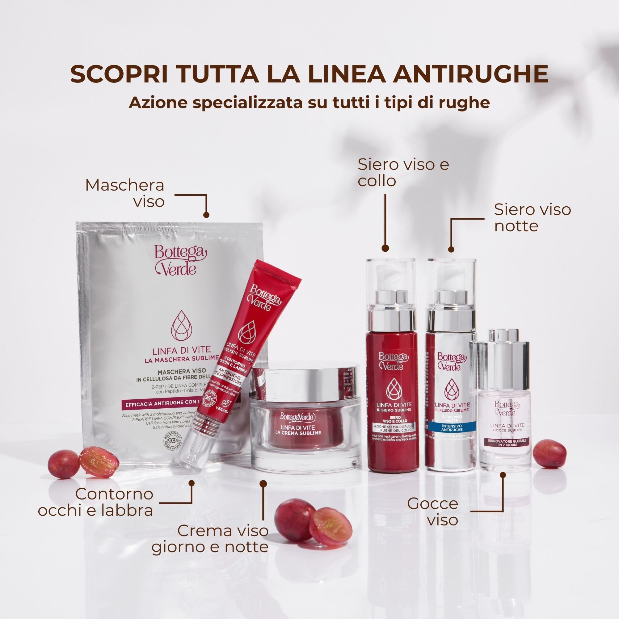 Bottega Verde - Siero Viso e Collo Linfa di Vite, 30 ml, Trattamento Intensivo Antirughe ed Effetto Filler, con Peptidi, Linfa di Vite, Ceramidi e Acido Ialuronico, Texture Leggera, per Pelli Mature