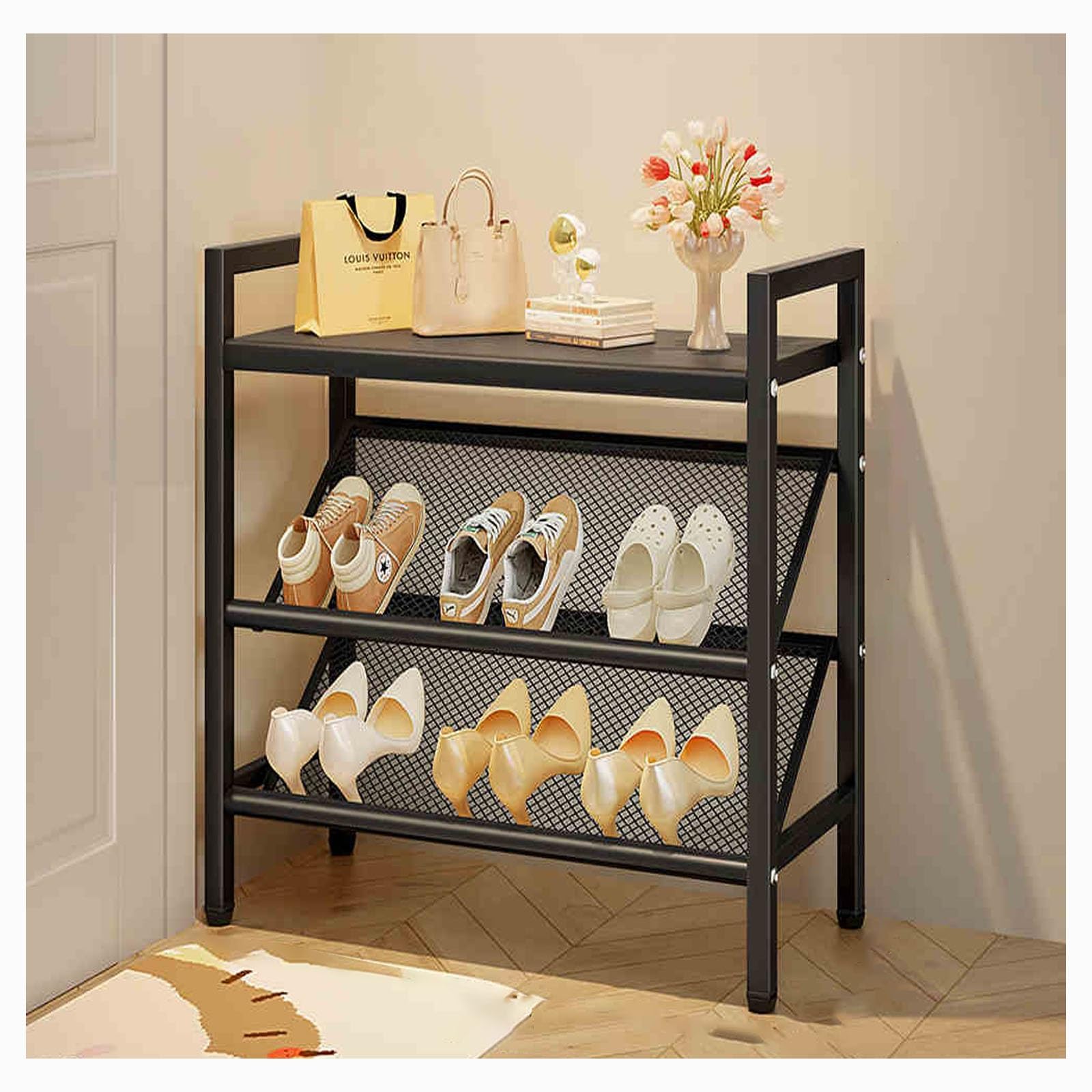 Zapatero de Metal, Almacenamiento Abierto de 3 Capas, Gran Capacidad, Estante Superior versátil para Guardar artículos pequeños, Elegante diseño Negro, 70 cm/27,5 Pulgadas