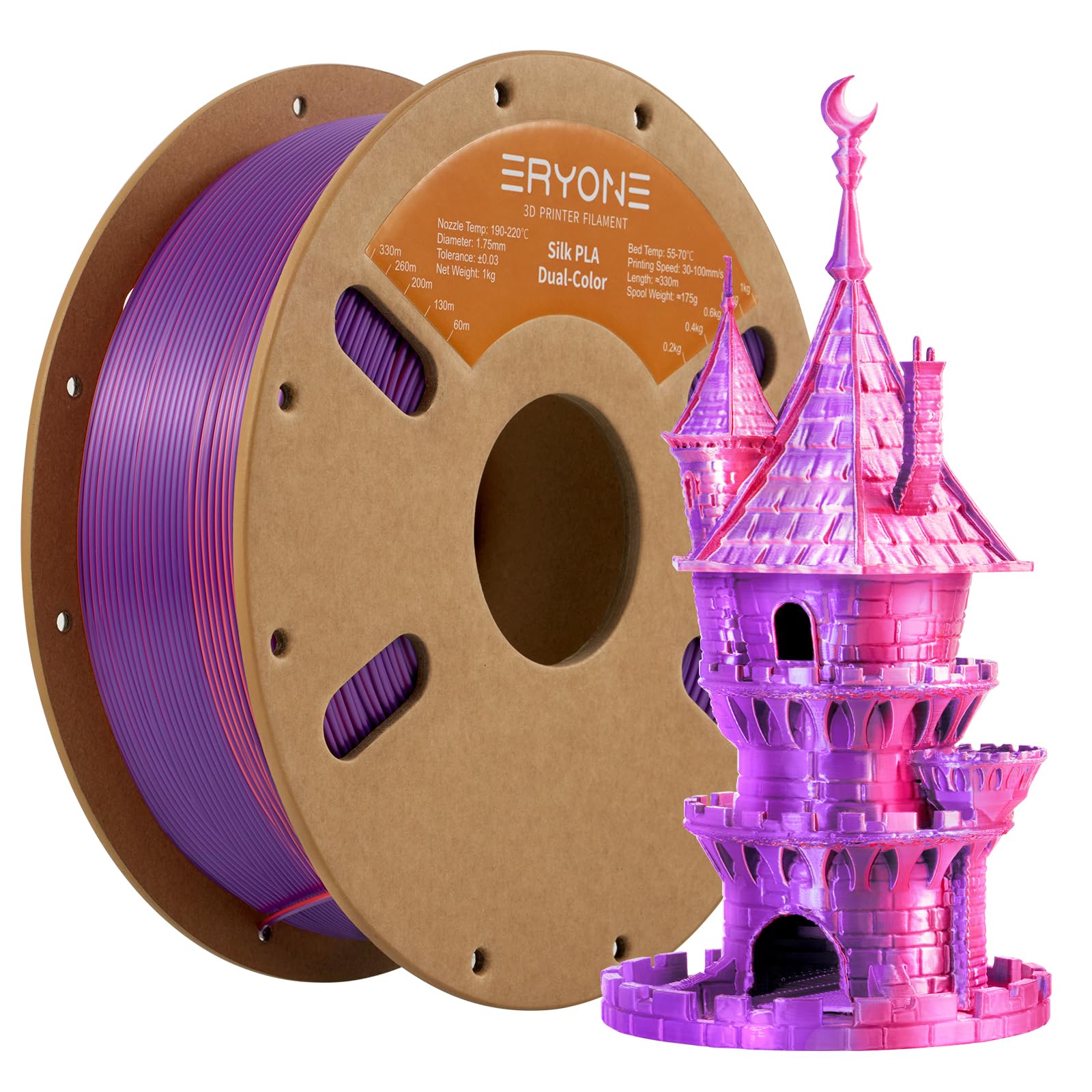ERYONE Silk Dual Color PLA Filament 3D Printer 1.75mm +/- 0.03mm, Bicolor Filament Two Tone PLA 1KG(2.2lbs) Cardboard Spool, Orange Red&amp;Purple
