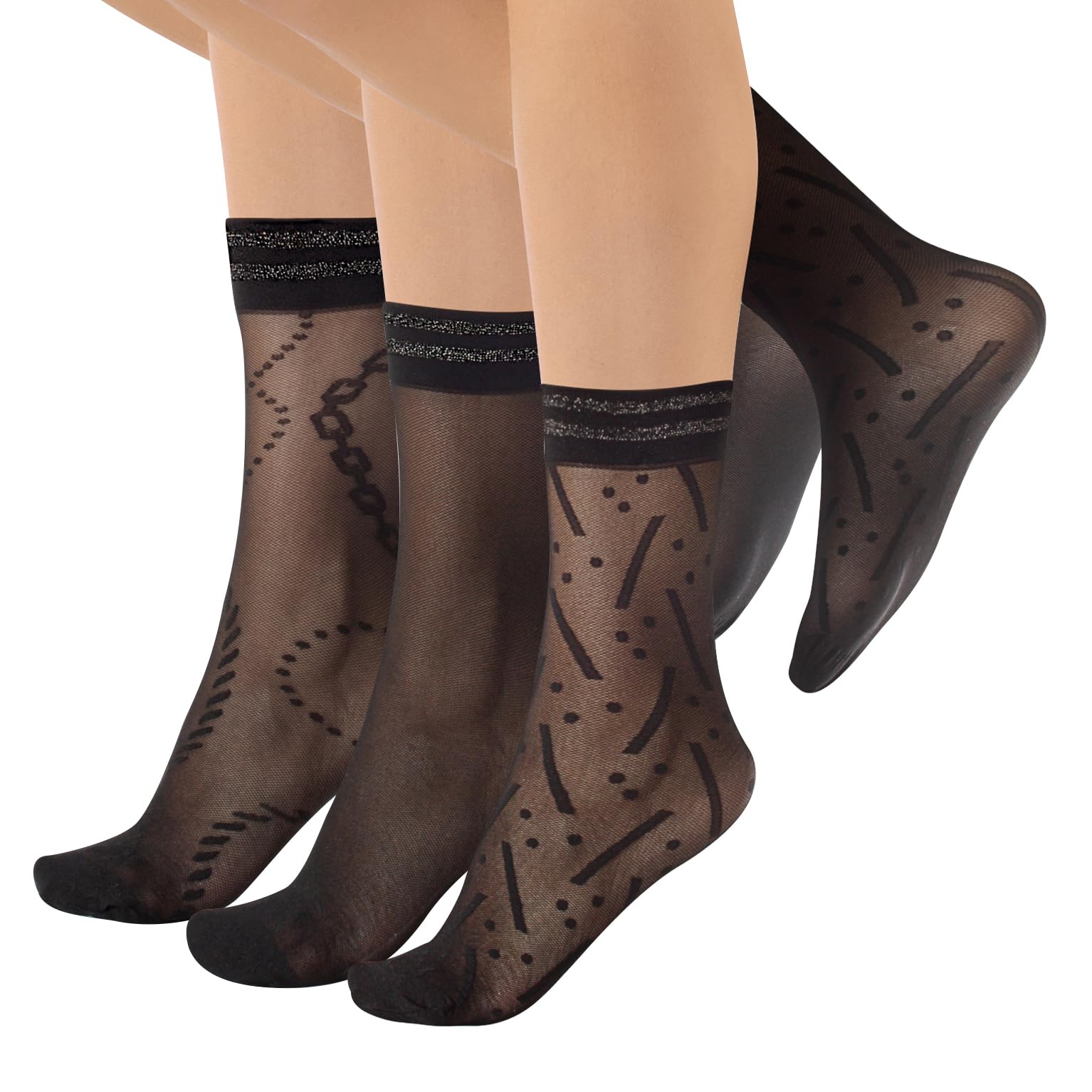 Calzitaly Women's 3 Pairs Geometric Pattern Pack 3 Pairs Sheer Socks, Socks, Shiny Socks, Pop Socks, Shimmer Anklets | Black | One Size | 20 Den | Made In Italy (One Size, )