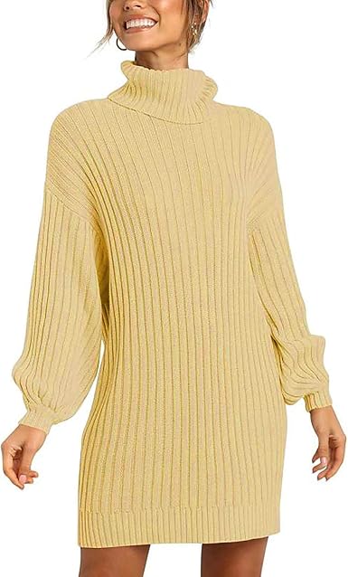 Amazon.com: Vestido de suéter de cuello alto para mujer, manga abullonada,  informal, grueso, de gran tamaño, suéter de túnica suave de invierno :  Ropa, Zapatos y Joyería
