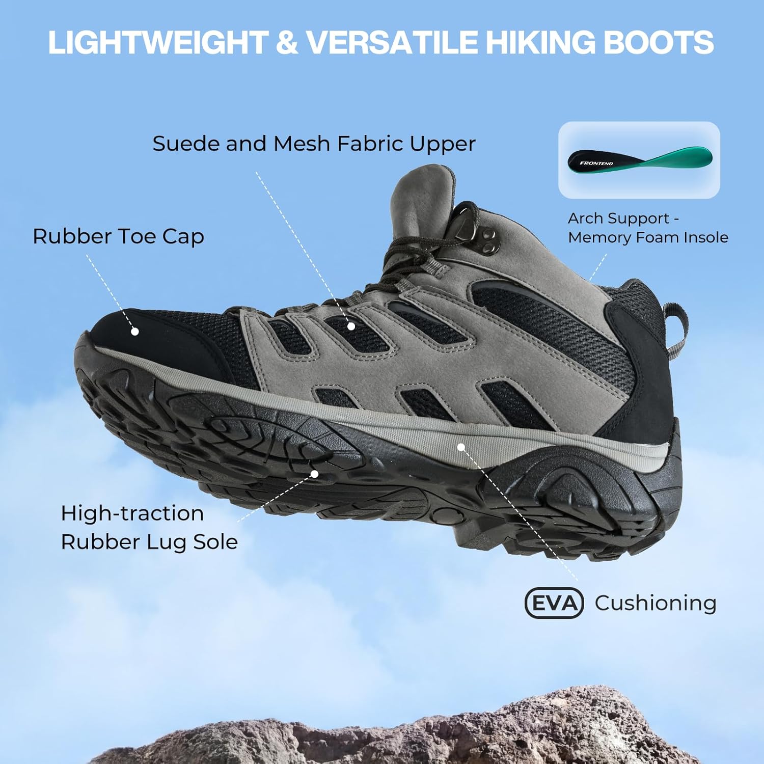 FRONTEND Men's Waterproof Hiking Boots Non-Slip Lightweight Mid Ankle Boots for Men Outdoor Shoes for Trekking Backpacking Travel