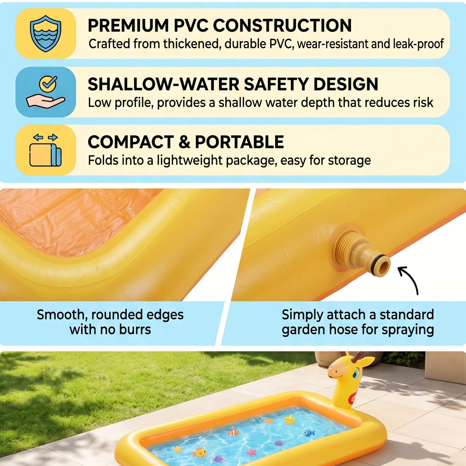 Tosuny Piscina Gonfiabile per Bambini in PVC Giallo con Irrigatore Incorporato per un Divertimento Sicuro Nei Giardini All'aperto (200x110x19 cm/78,7x43,3x7,5 pollici)