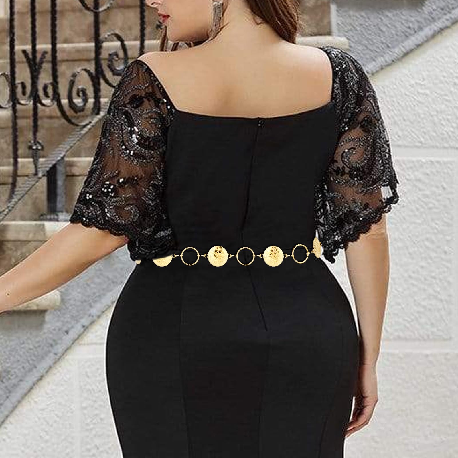 Cinturón de cadena de talla grande para mujer, con piezas redondas de metal, cadena para cintura y vientre, cadena extra larga, ajustable de 39-59 Inch (XXL)