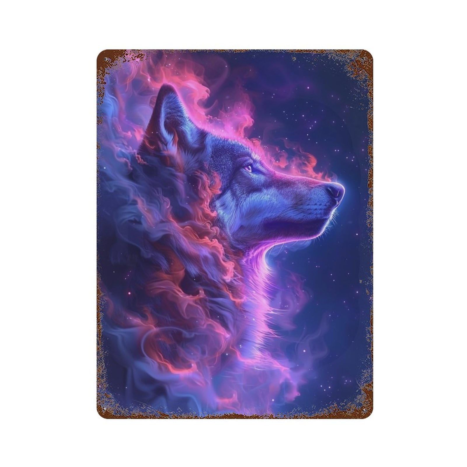 Aged Metal Wall Plaque with Wolf Spirit Galaxy Art Design 15.7"x11.8", for Shed, Workshop And Garage Wall Decor, Decorative Metal Wall Art