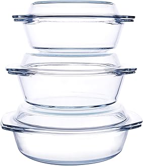 Set of 6 Pieces Round Tempered Glass Casserole Dish with Lids, Glass Casserole Baking Dish Set for Oven, Freezer and Dishwasher Safe