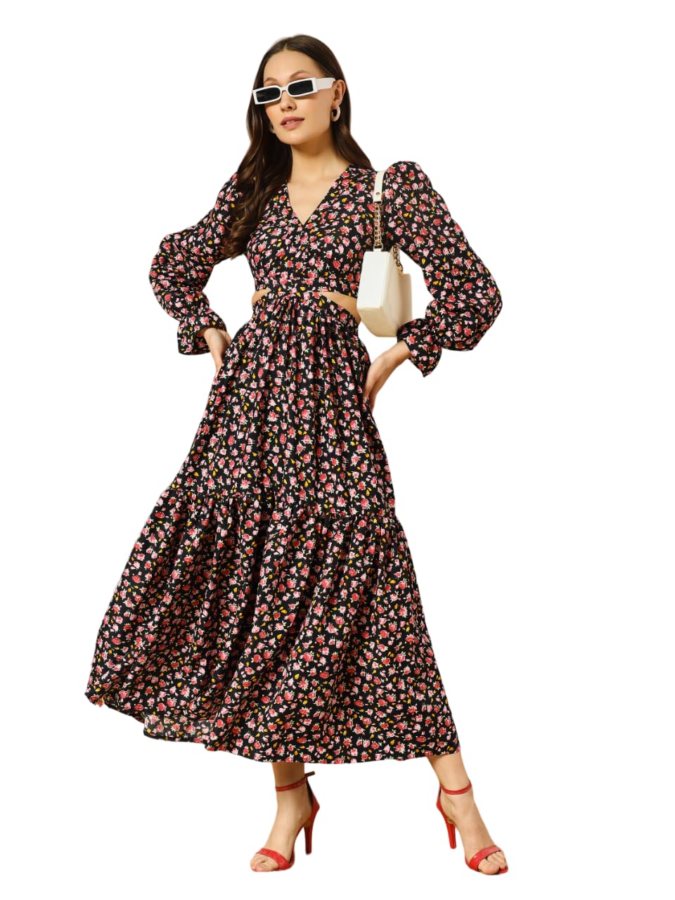 Kzully Women's Crepe A-Line Maxi Casual Dress (Sfs-2001-Black-Rose-S-Print_Black-Pink