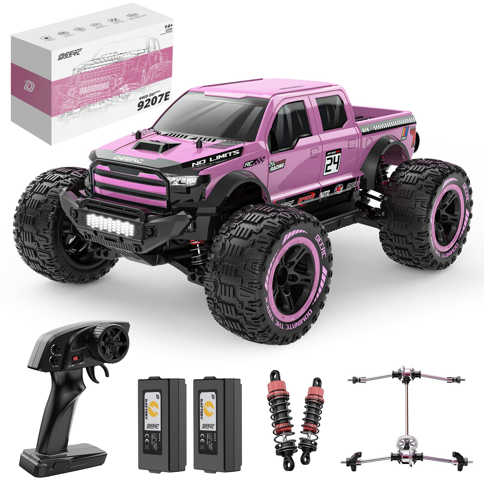 DEERC 1:10 Coche Teledirigido Rápidos para Adultos, Monster Truck 4x4 a Control Remoto, RC Coche 48+ km/h, Todoterreno de Alta Velocidad, Color Rosa, con 2 Baterías Modulares, Regalo para Niños