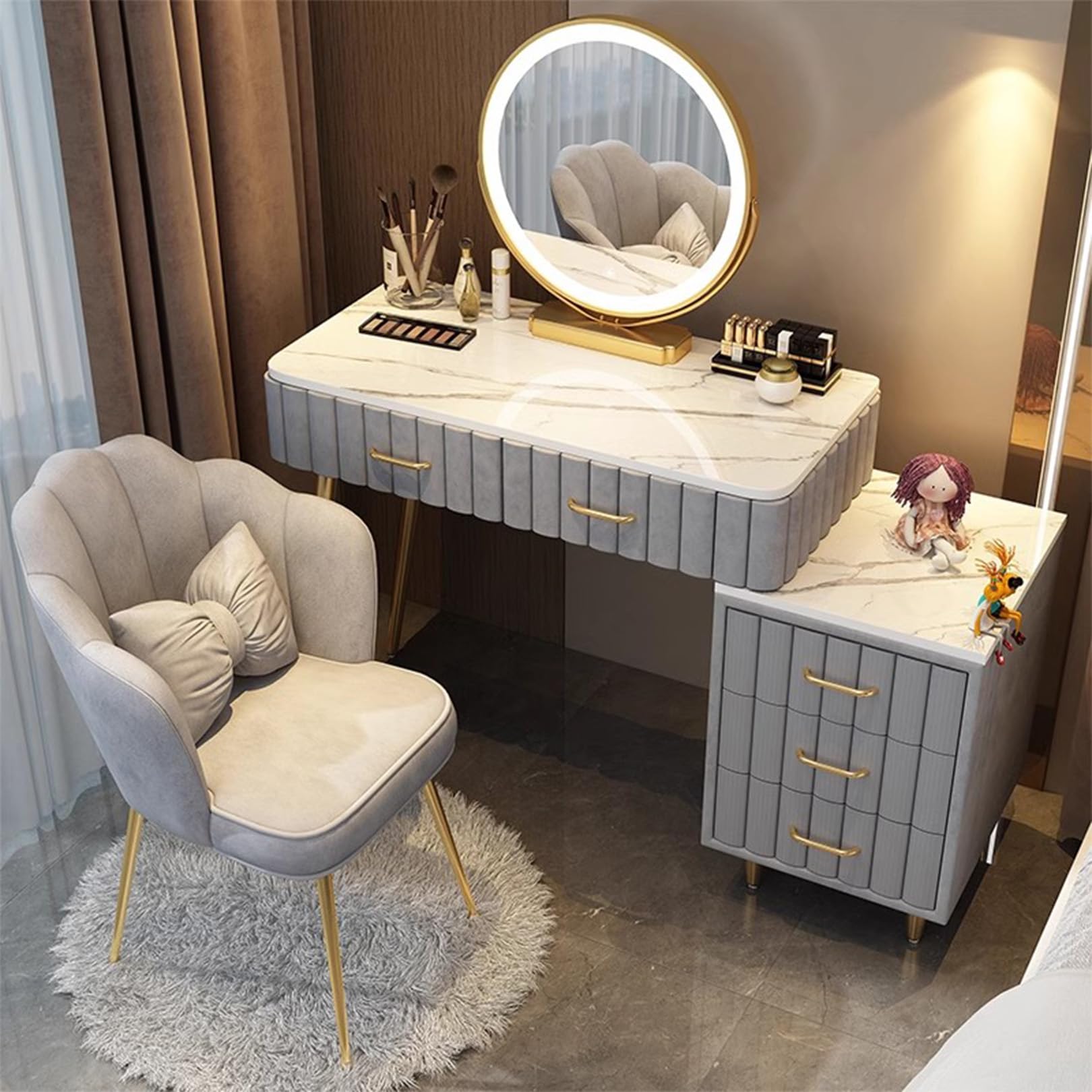 CGCSYZ Modern Vanity Desk with Mirror 5 Drawer Makeup Table Set for Bedroom 3 Color Lighting Modes(Grey-100cm)