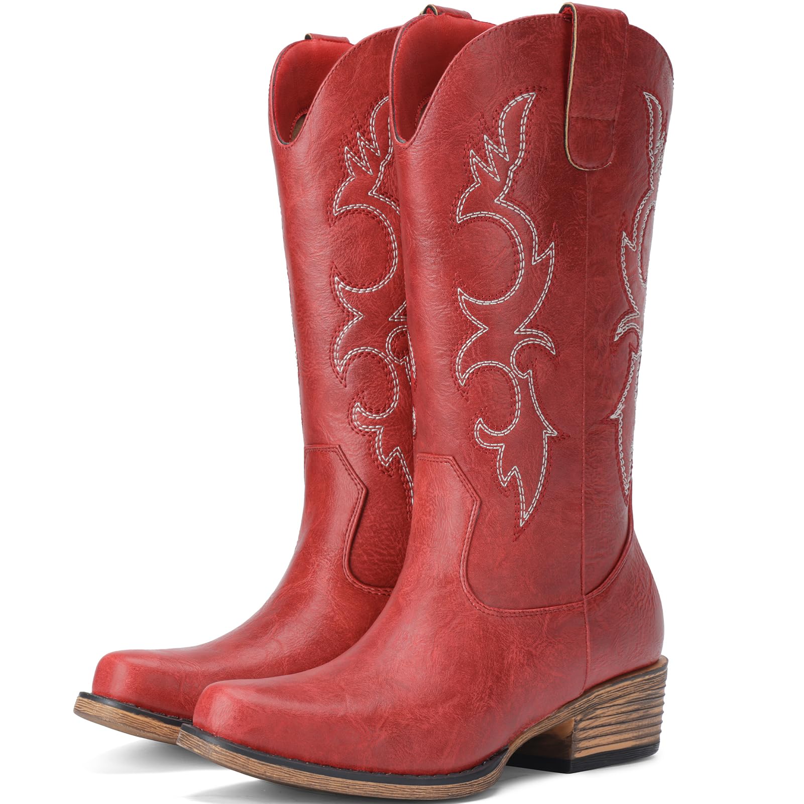 Choiran Cowboy Boots for Women - Mid Calf Cowgirl Boots Western Chunky Heel Pointed Toe Boot with Retro Embroidery, Country Concert Outfit Essentials for Rodeo Festival