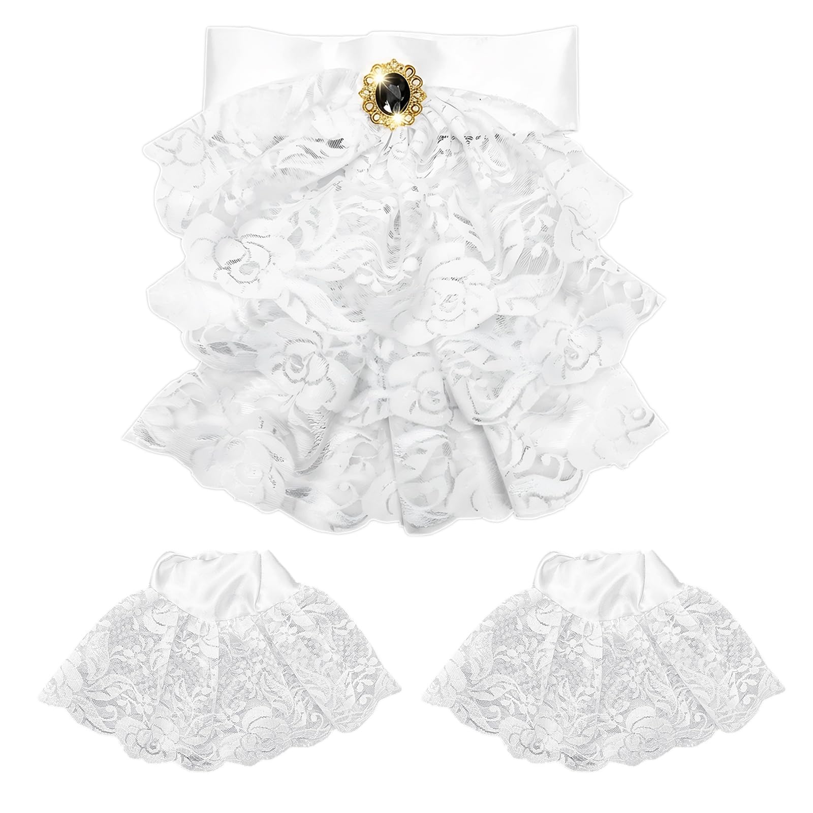 GYIOFAI Gem Lace Jabot Cuffs Set, Ruffle Neck and Ruffle Cuffs, Fake Collar Gentleman Vampire Judge Pirate Costume Accessories for Halloween Carnival World Book Day Cosplay Party (White)