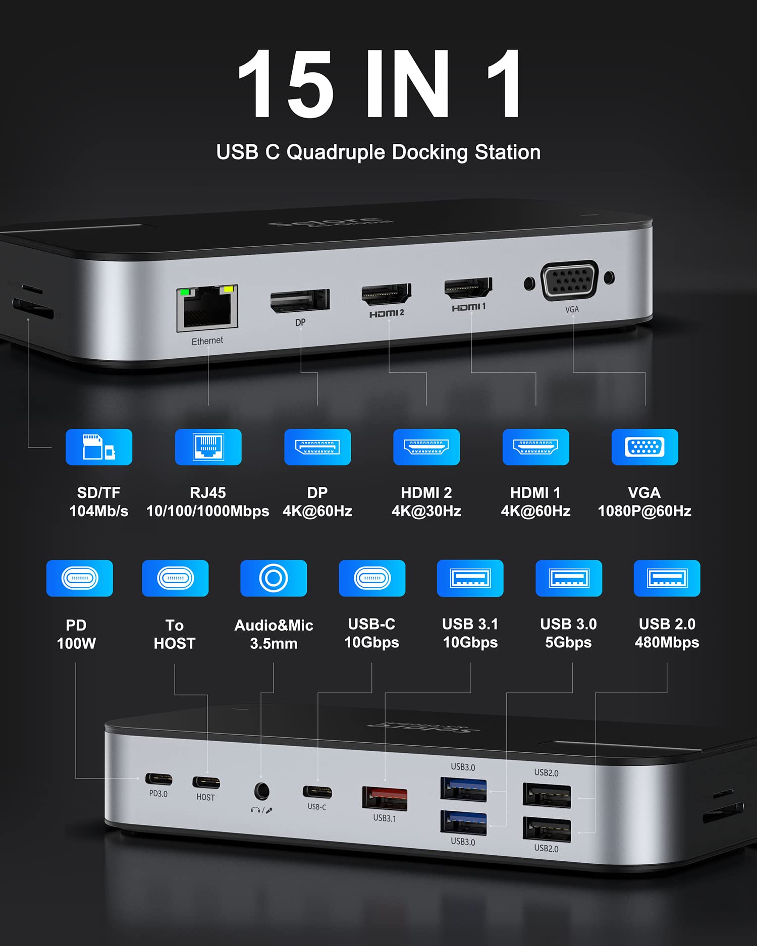 Stacja Dokująca 15 w 1 do Laptopa z Czterema Wyświetlaczami, 4K HDMI, 4K DP, VGA, 100W PD, RJ45 Ethernet, USB C Data 10 Gbps, USB 3.1 Gen 2, 4 Porty USB, SD/FT, Audio 3,5 mm