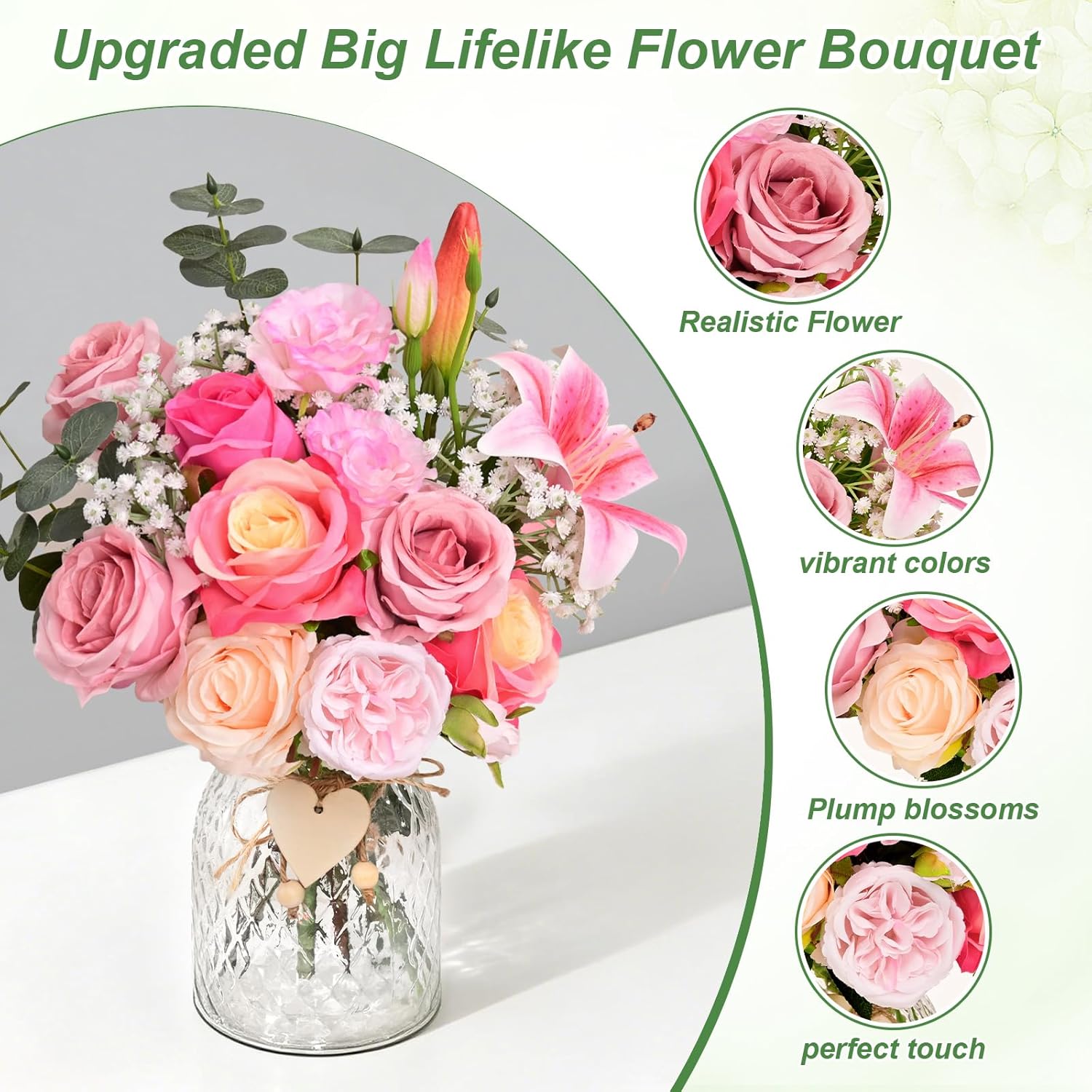 Livole 22Pcs Fake Flowers with Vase Silk Pink Artificial Flowers in Vase with Light Fake Plant Eucalyptus Flower Arrangement for Table Centerpieces Decor for Living Room Coffee Home Farmhouse
