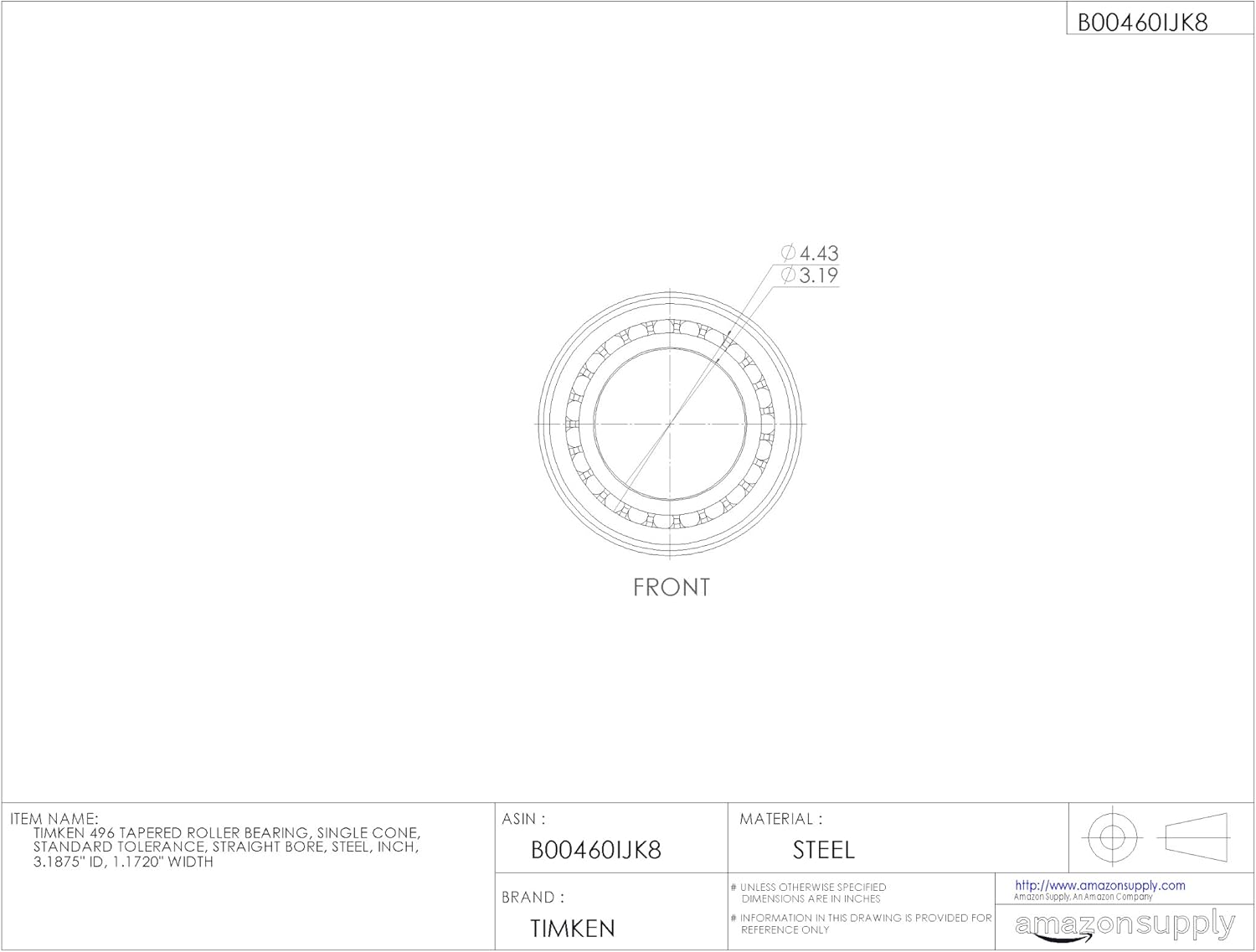 Timken Tapered Roller Bearing Cone - 496