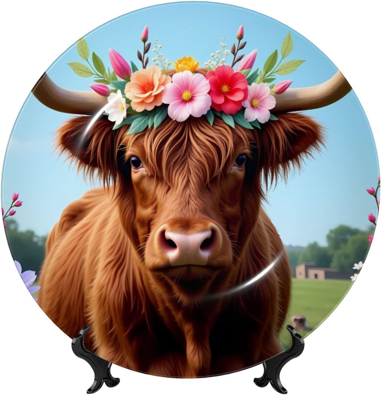 Floral Horned Bull Style Ceramic Plate Display Decorative Plate With Stand Wall Hanging Plate For Home Decor 10 Inch