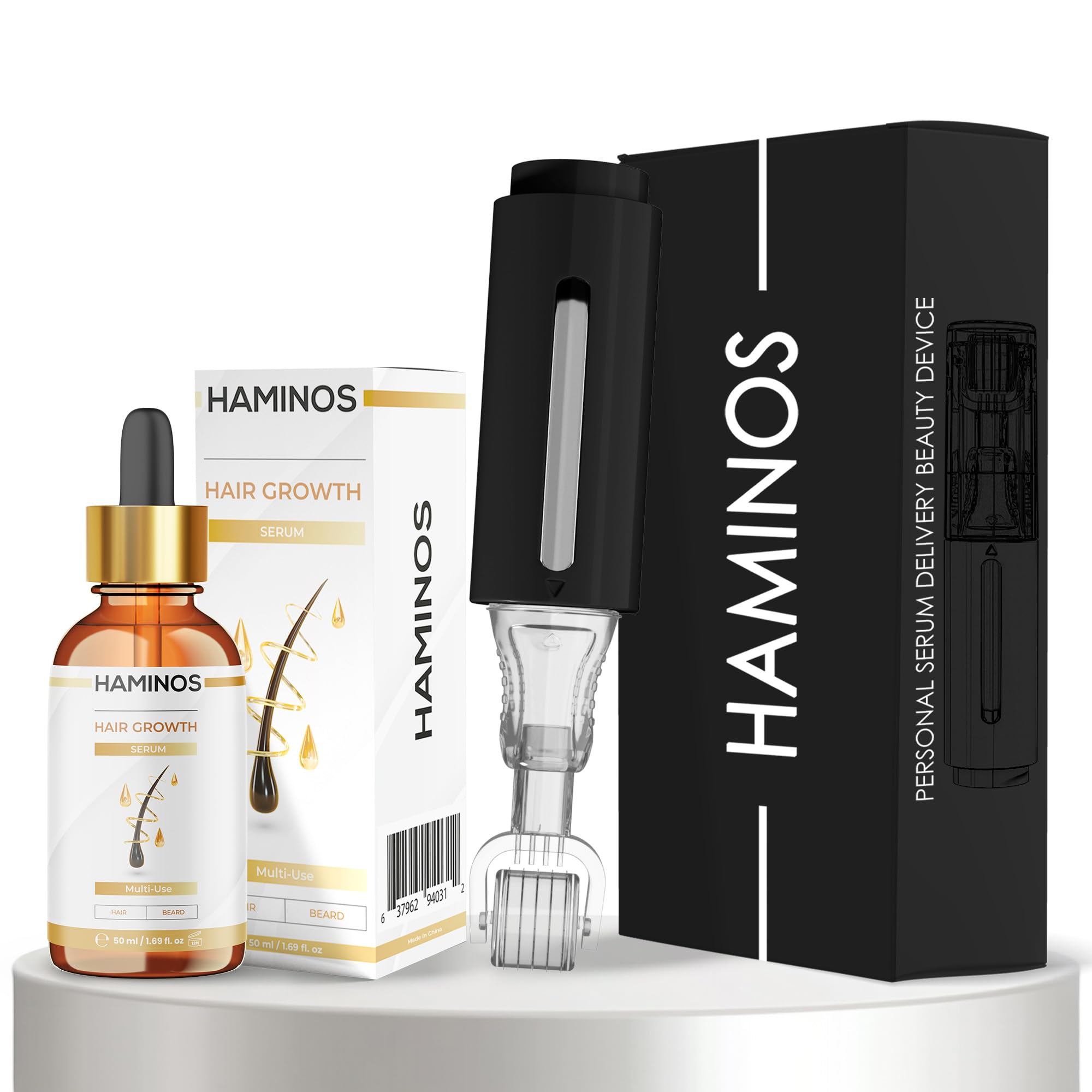 HAMINOS Derma Roller 0,5 mm con Siero Capelli per Uomo, Microneedle Roller per Cuoio Capelluto e Barba con Serbatoio, Applicatore Siero per Attaccatura, Corona e Barba