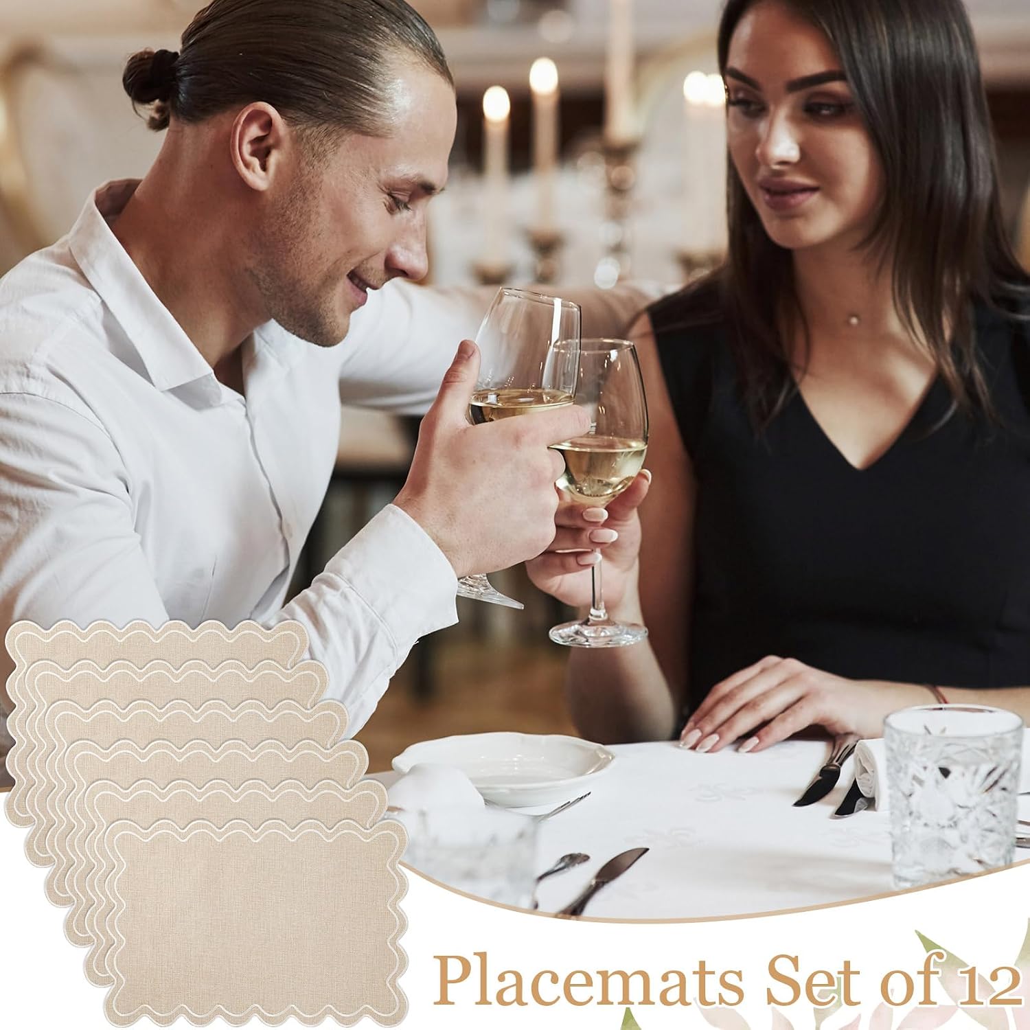 Linen Placemats Set of 12 Scalloped Placemat 13 X 19,Regular,Cream