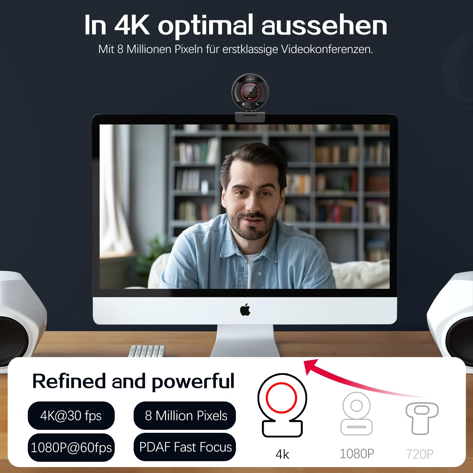 Angetube 4K Webcam für PC, 1080P@60FPS Streaming-Kamera mit PDAF Autofokus, AI Rauschunterdrückung, 8X Zoom, USB Webkamera mit Privatsphäre-Schutz für Laptop/Mac/PC, kompatibel mit Zoom, Teams, OBS