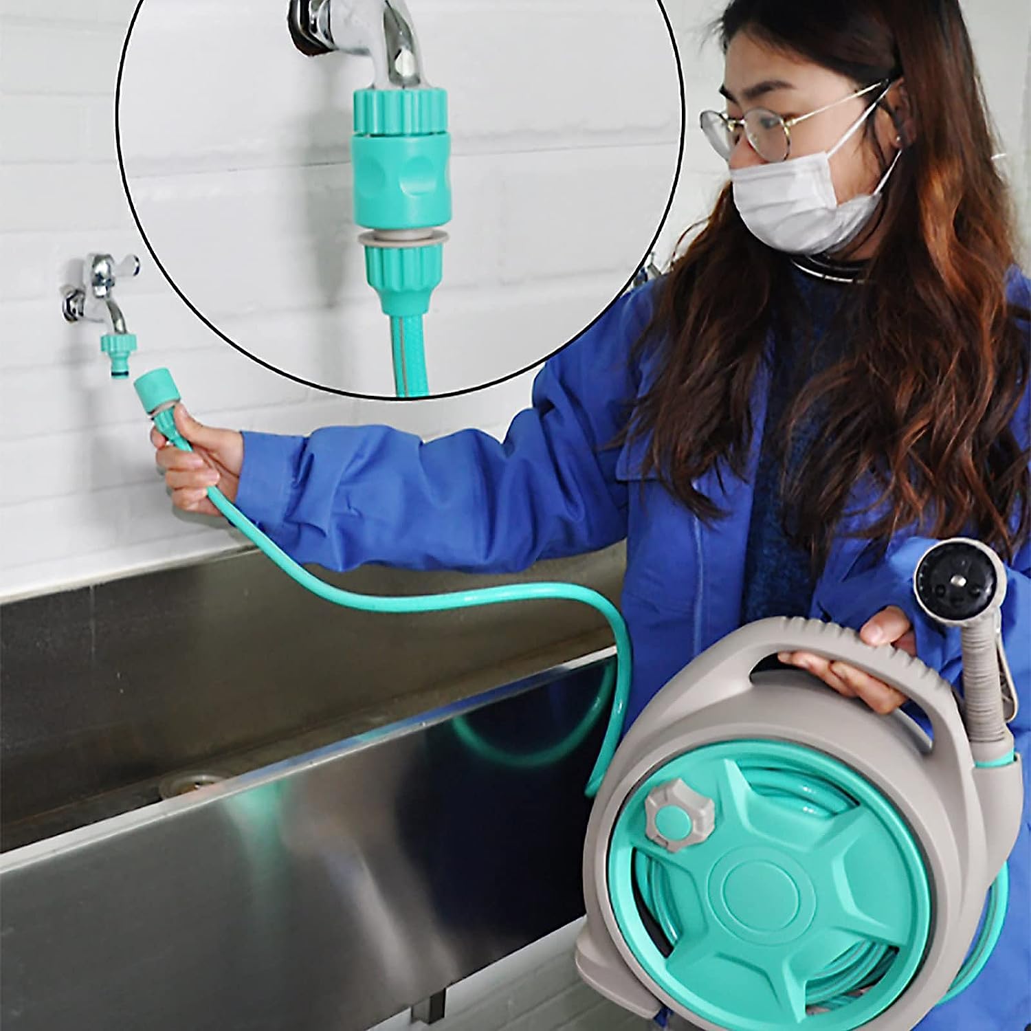 Enrouleur Tuyau de Jardin TéLescopique, 50 Pieds (15 M) Mini Ensemble Enrouleur Tuyau, Portable Mural Tuyau d'eau de Jardin avec Buse 6 Fonctions, pour Arrosage de Fleurs Lavage de Voiture (Blue)
