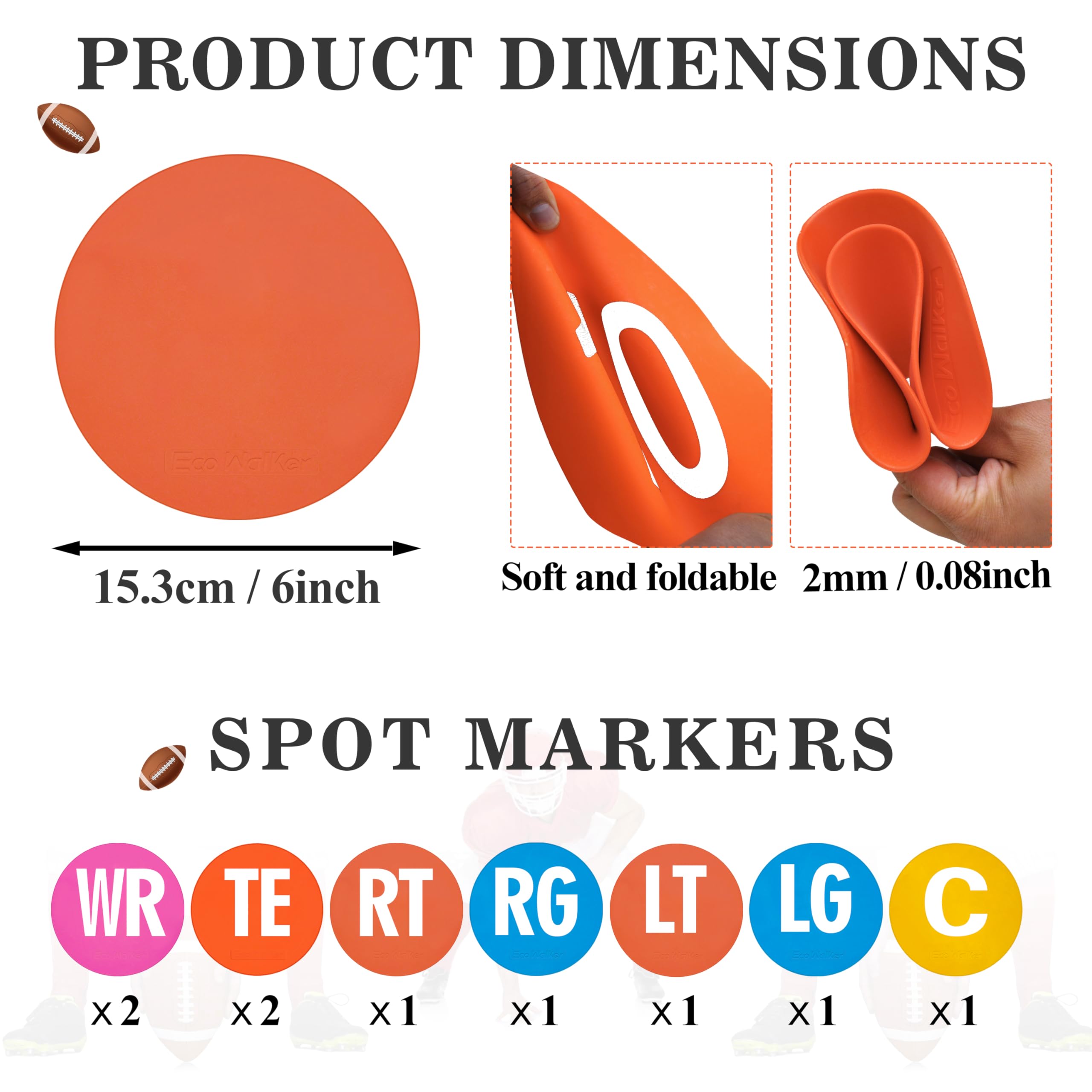 Eco Walker Football Lineman Splits Marker Flat Spot Markers for Positioning and Blocking Coaching Training (White Text)