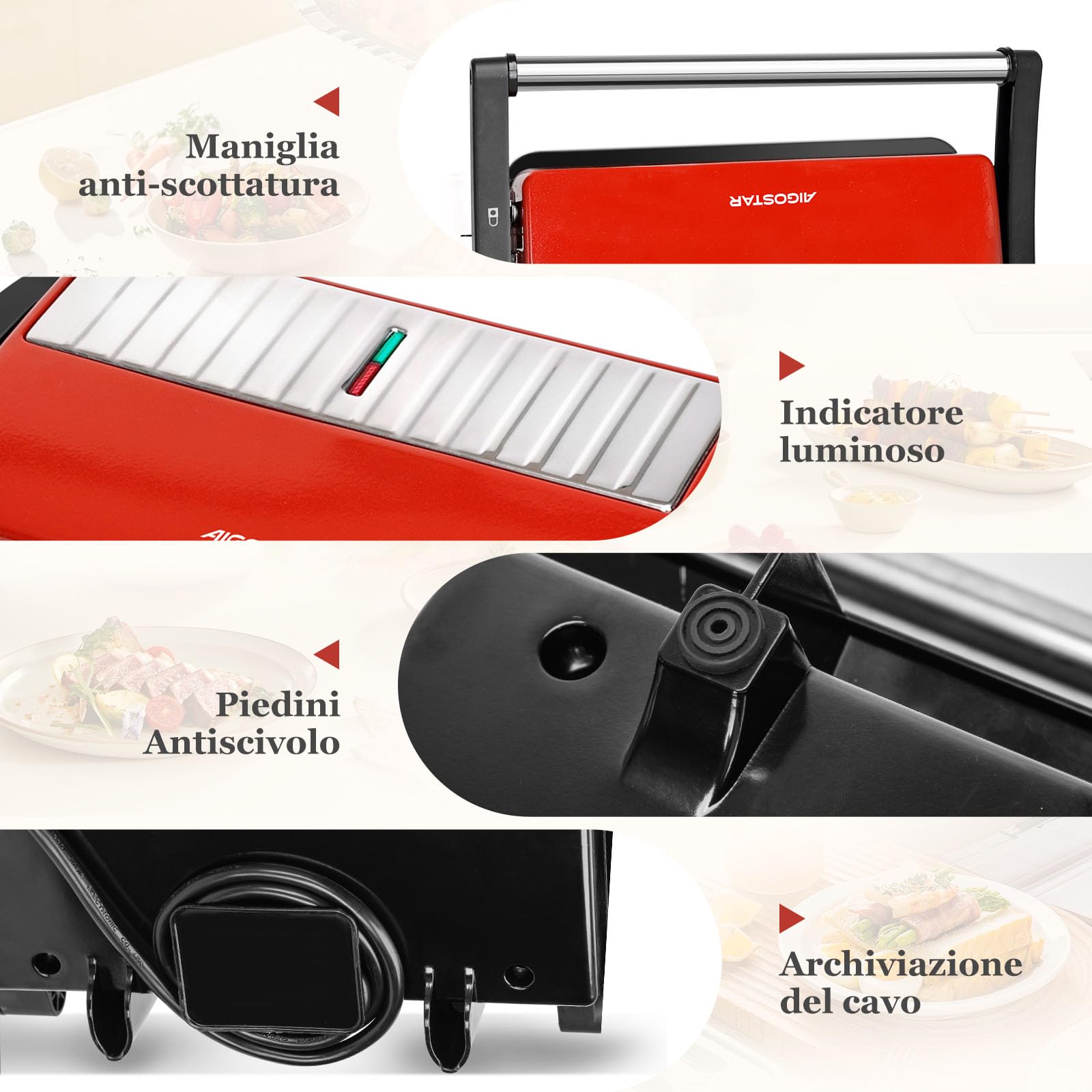 Aigostar Tostapane Piastra/Griglia Elettrica e Sandwich Maker 3 in 1, Con Piastra Antiaderente, 23 x 14,5 cm, Apertura a 180º, Temperatura Automatica, Piastra Elettrica per Cucinare 1000W, Warme