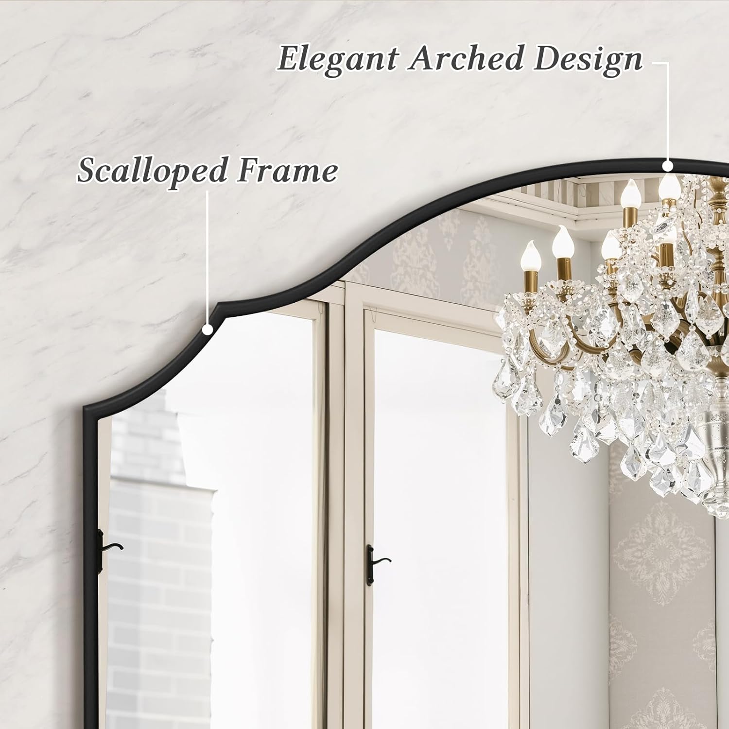 Scalloped Black Wall Mirror, 36x26 Inch Arched Mirror Decorative, Elegant Mirror Wall Decor for Entryway, Bathroom Vanity, Hallway, Fireplace
