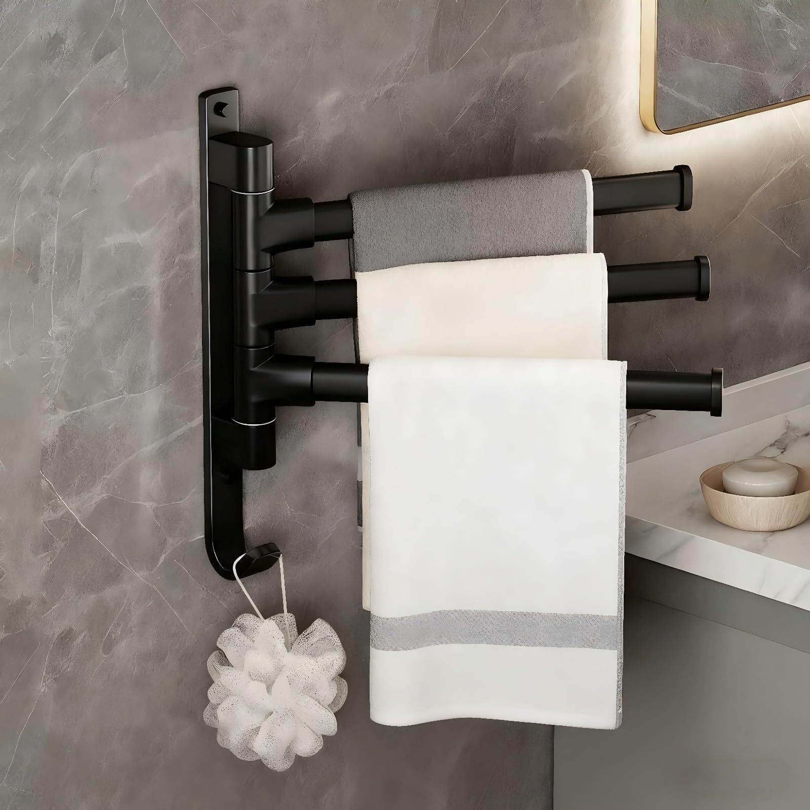Handtuchhalter 3 Stangen,Rotierender Handtuchhalter für Wand – 180° Drehbar, Wandmontage aus Aluminium für Bad,Küche und Garderobe. mit Montagezubehör- (Schwarz)
