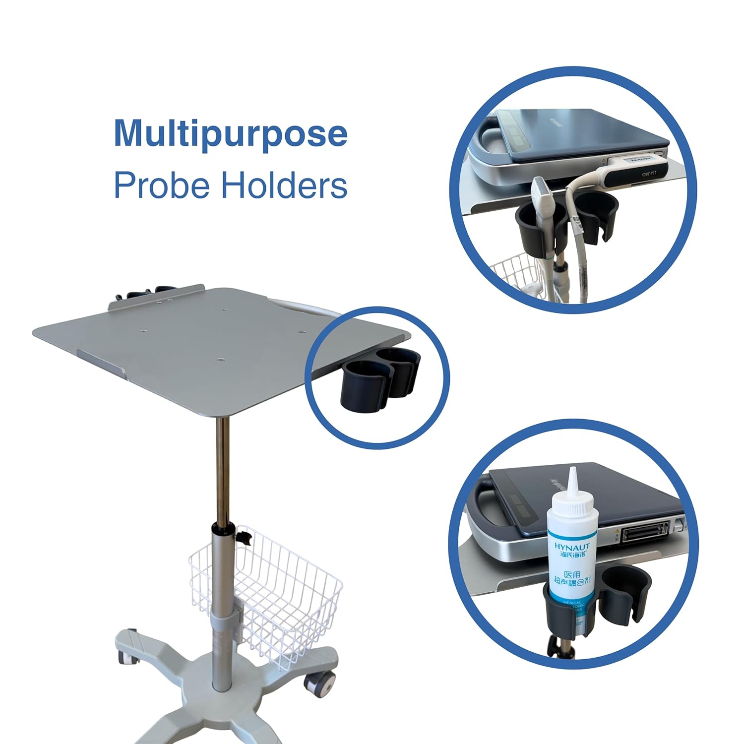 Height Adjustable Mobile Ultrasound Cart with Probe Holders, Wire Basket & Lockable Wheels – Medical Utility Trolley for Laptop-Style Ultrasound Machines