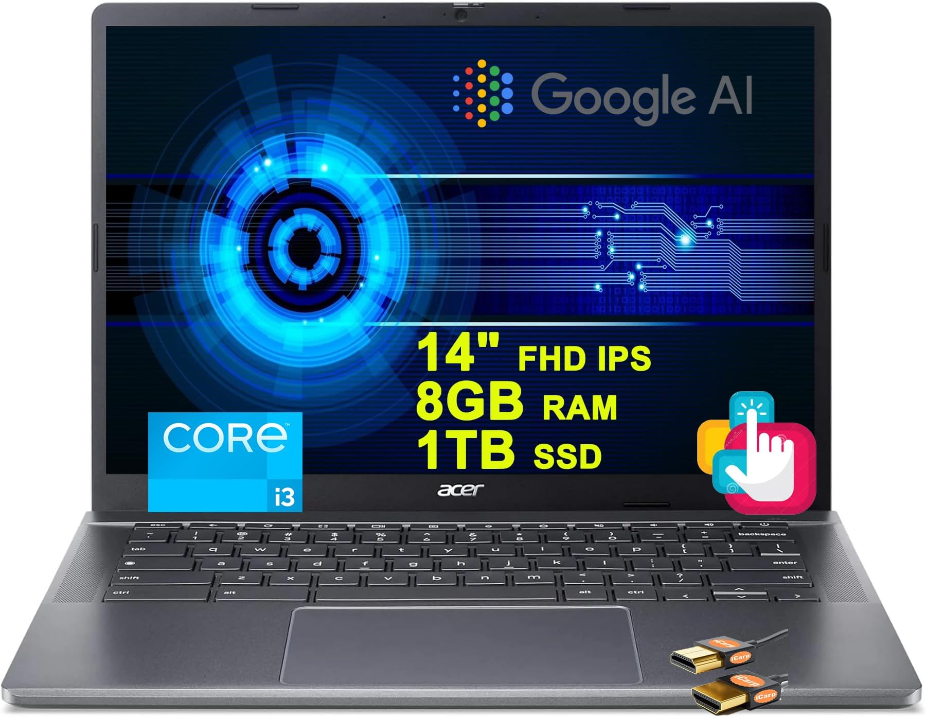 acer Chromebook Plus 514 Google AI Laptop 14" FHD IPS Touchscreen Intel Octa-core i3-N305 8GB RAM 1TB SSD USB-C Free Google AI/2TB Loud Storage for 1-Year Grey + HDMI Cable